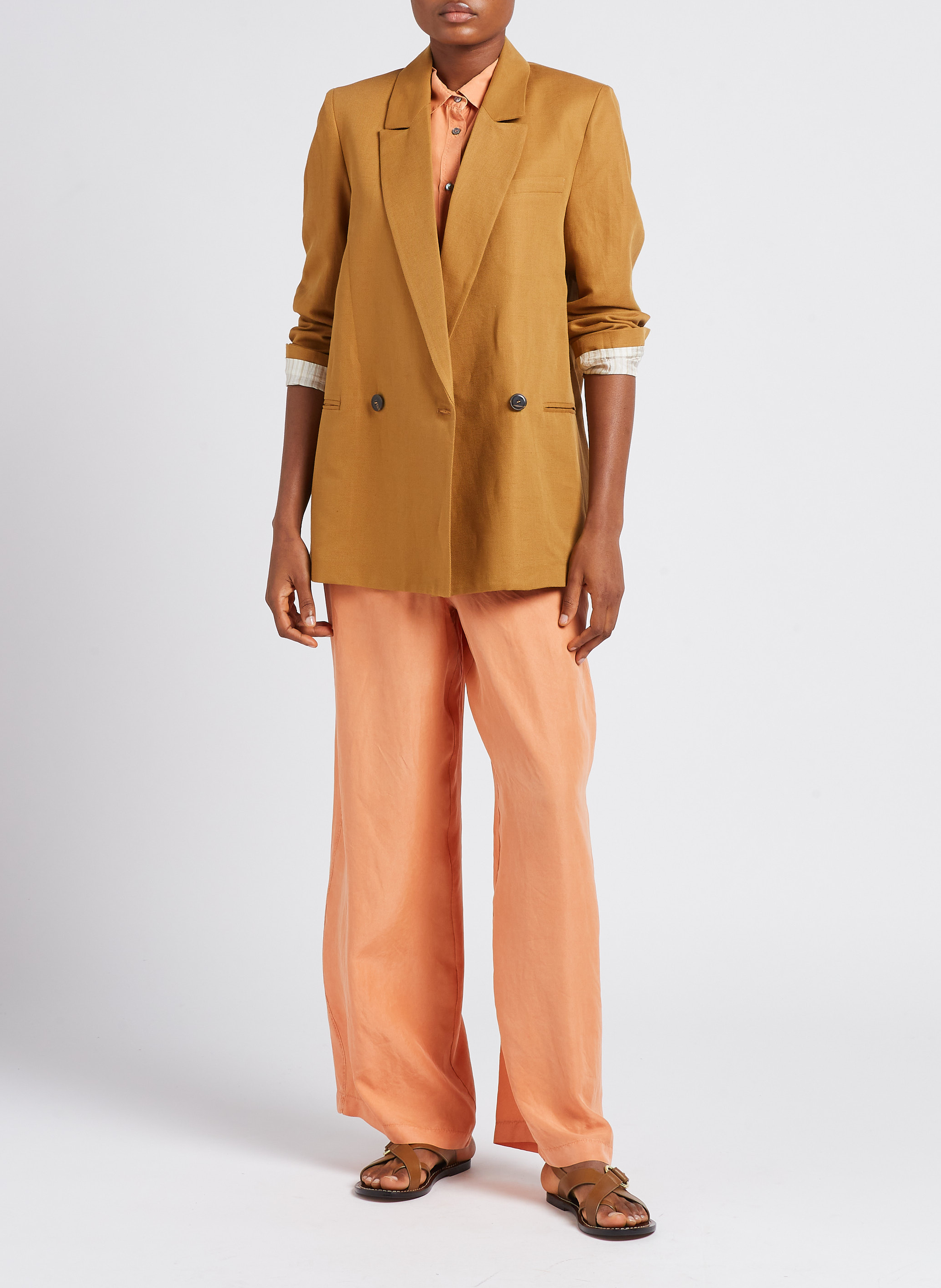 Veste droite col tailleur en coton et lin POMANDERE Marron