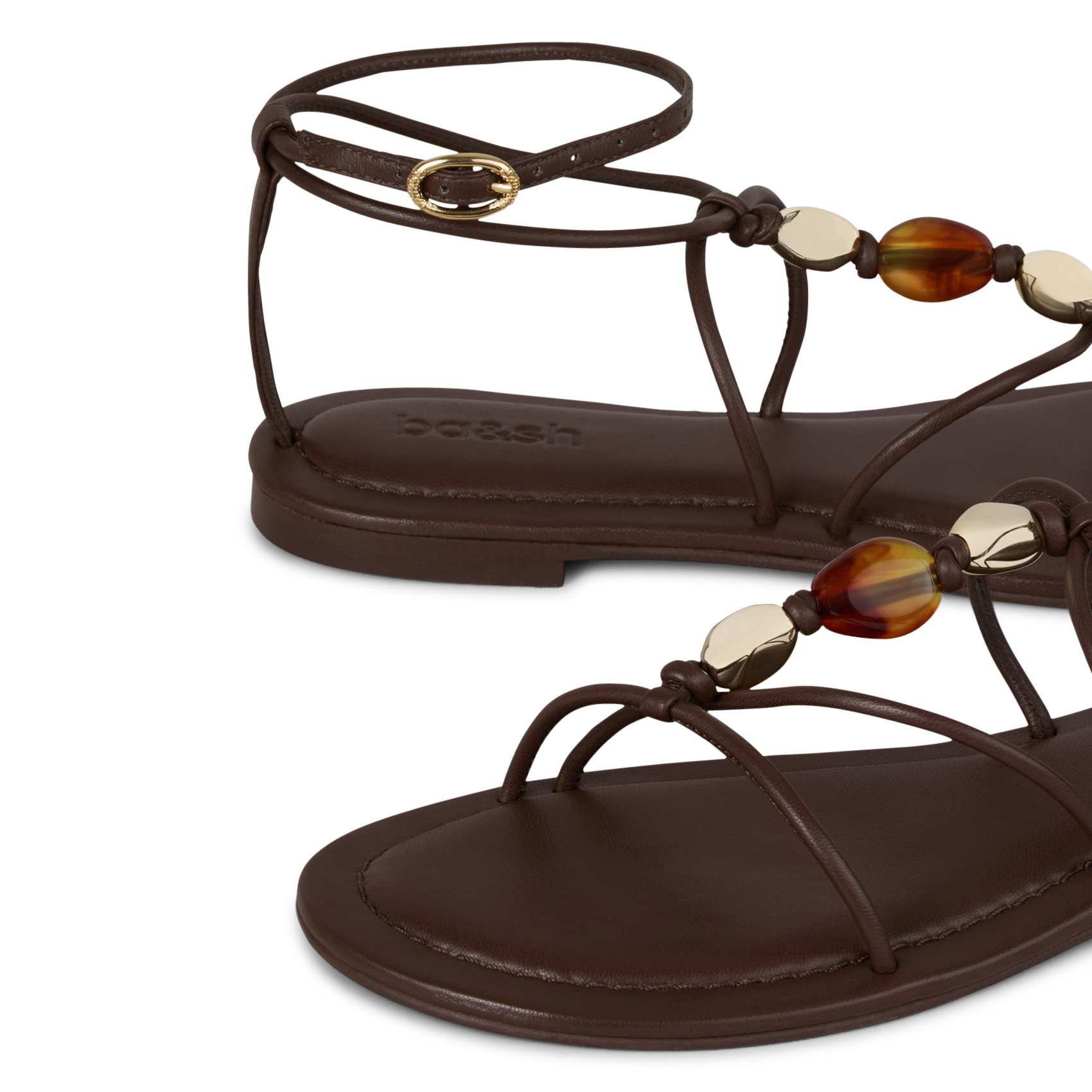 Sandales plates à perles en cuir BA&SH Marron