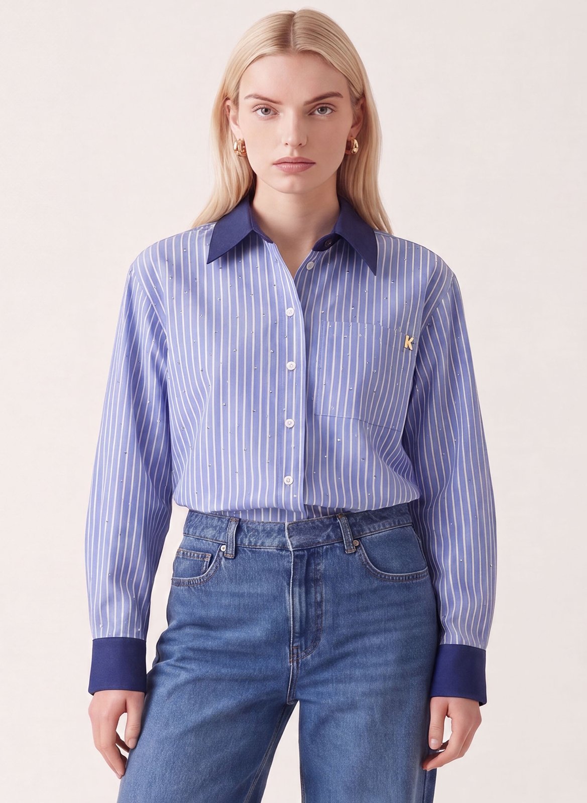 Chemise courte rayée à strass en coton mélangé KOOKAI Bleu