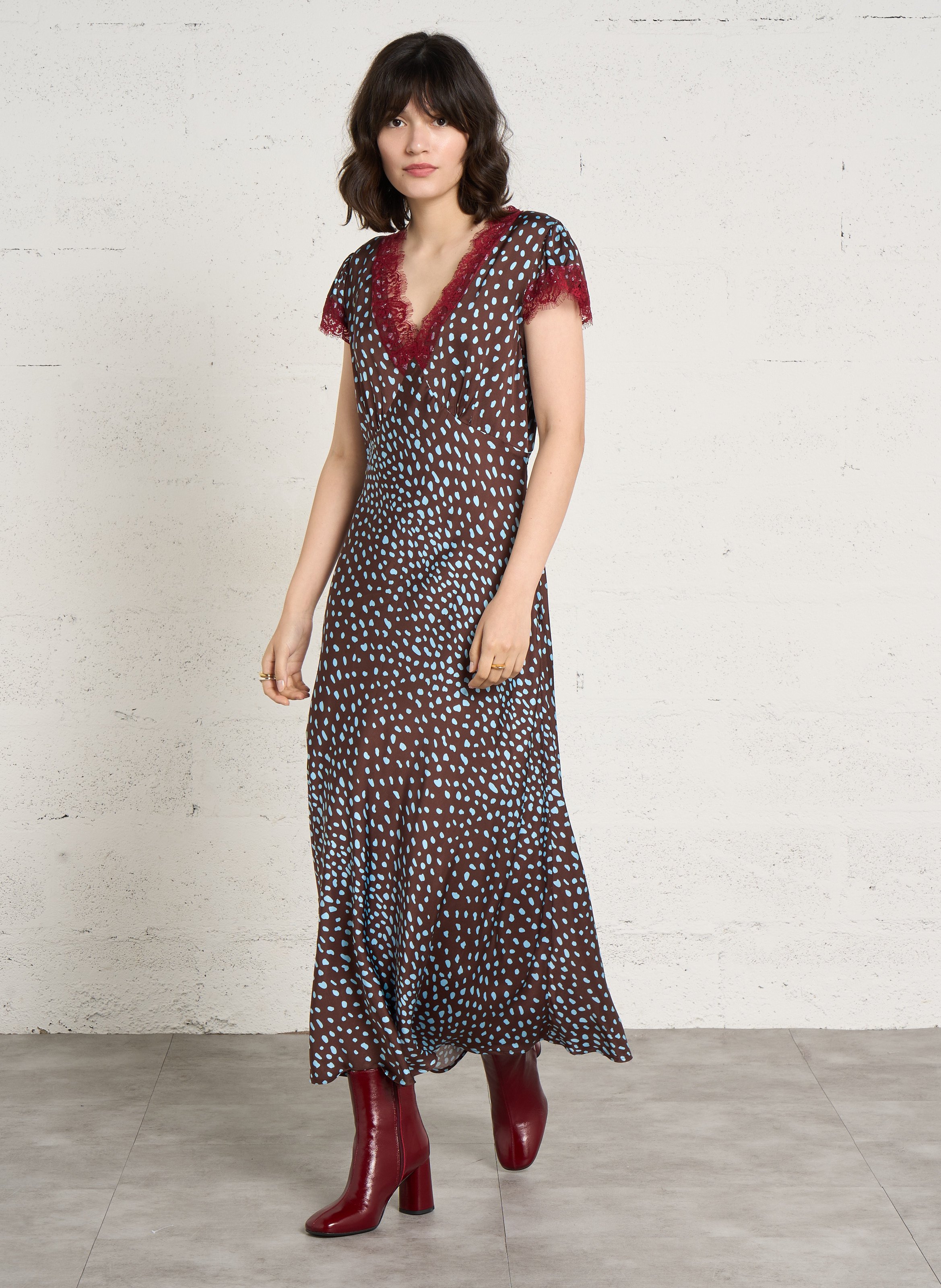 Long printed V-neck dress NEVER FULLY DRESSED Brown