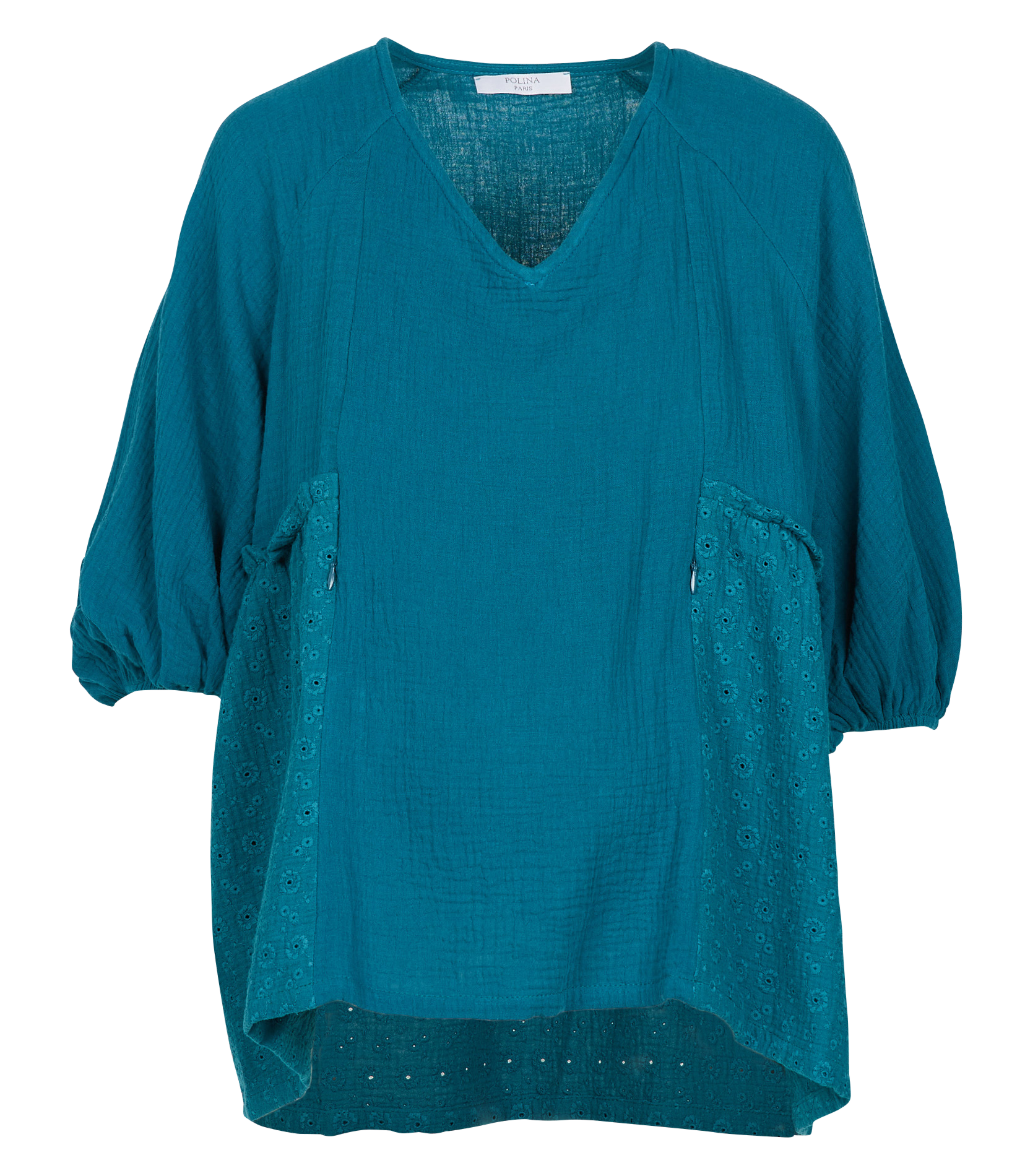 Cotton V-neck maternity top with 3/4 sleeves Blue