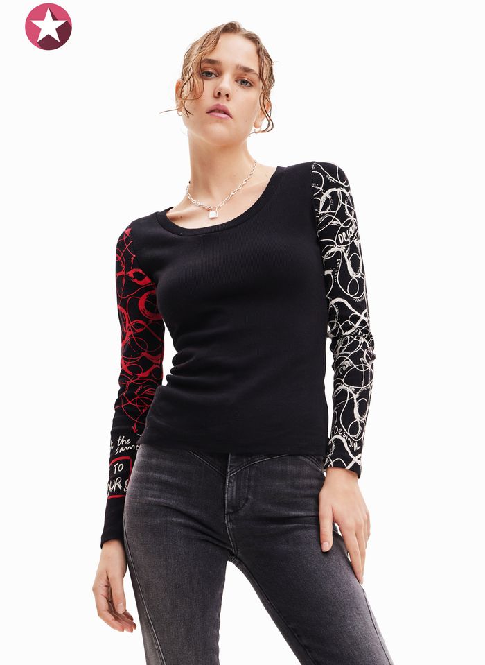 Camiseta Estampada Con Cuello Redondo Noir Desigual - Mujer