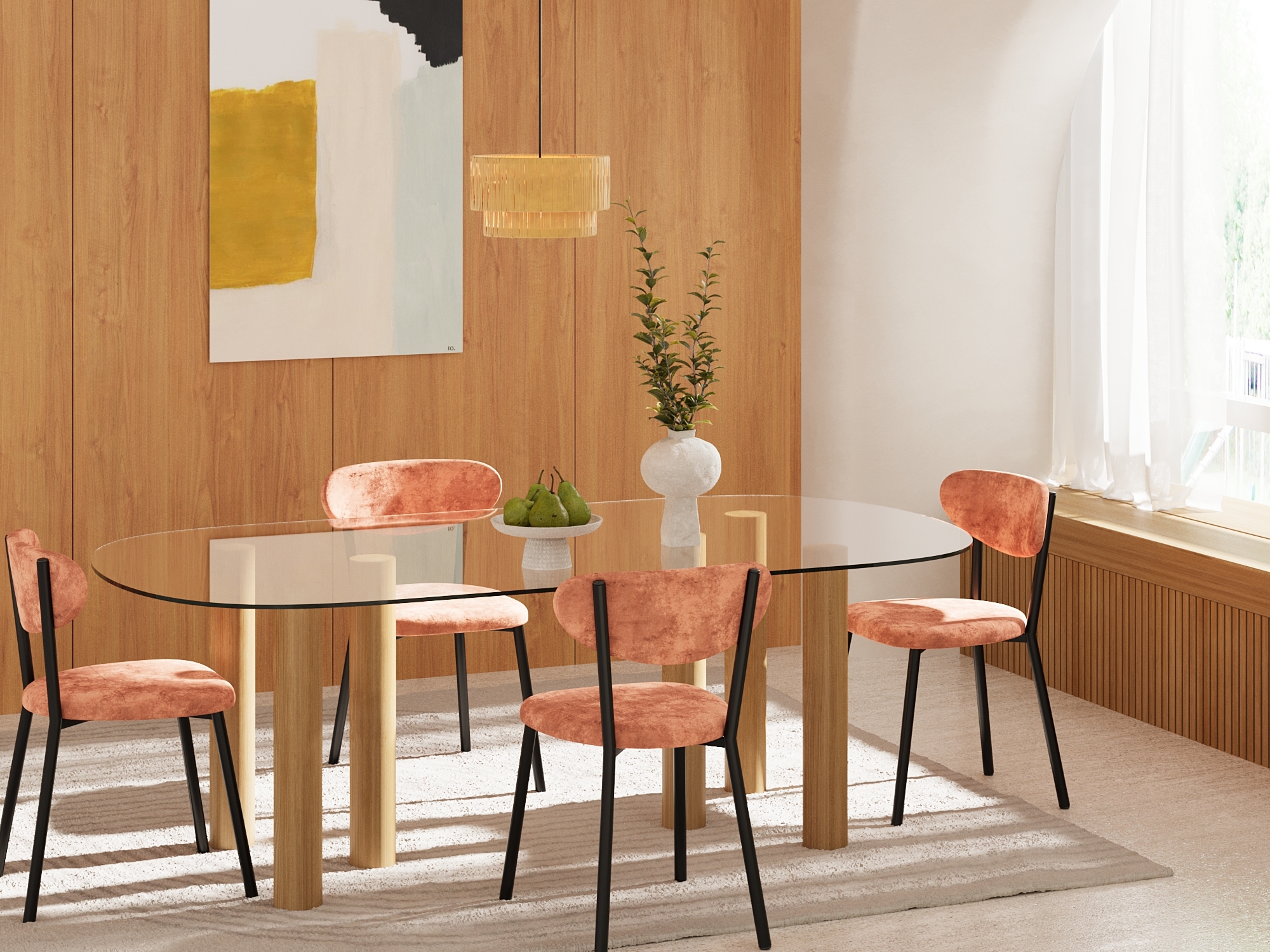 Set of 2 cream bouclette chairs with black metal legs Orange