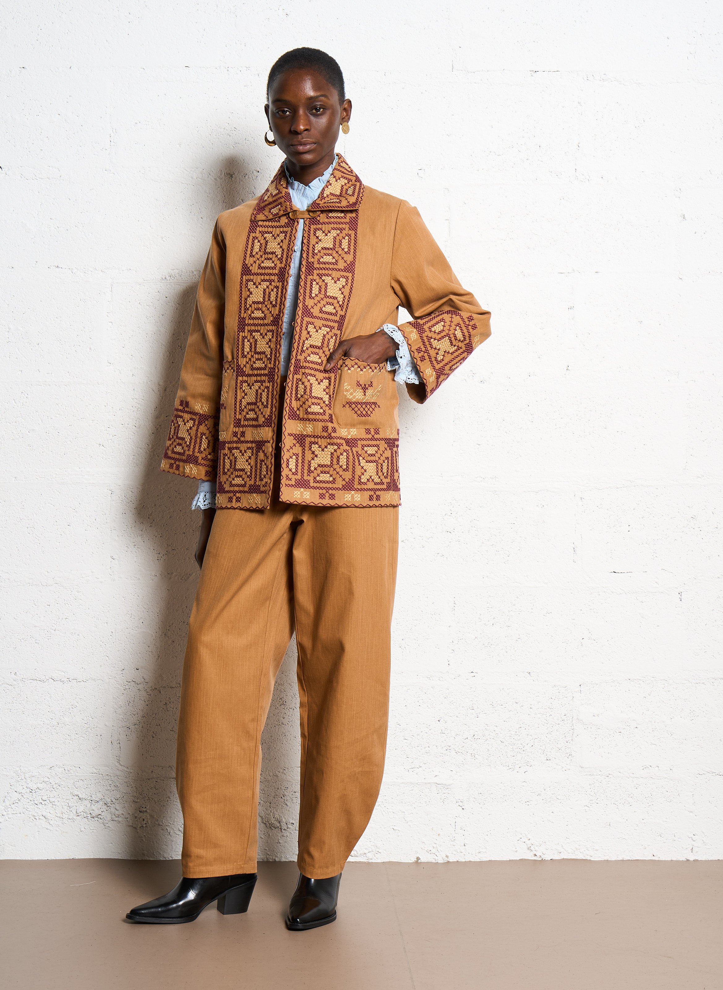 Loose-fit embroidered cotton jacket ANTIK BATIK Brown