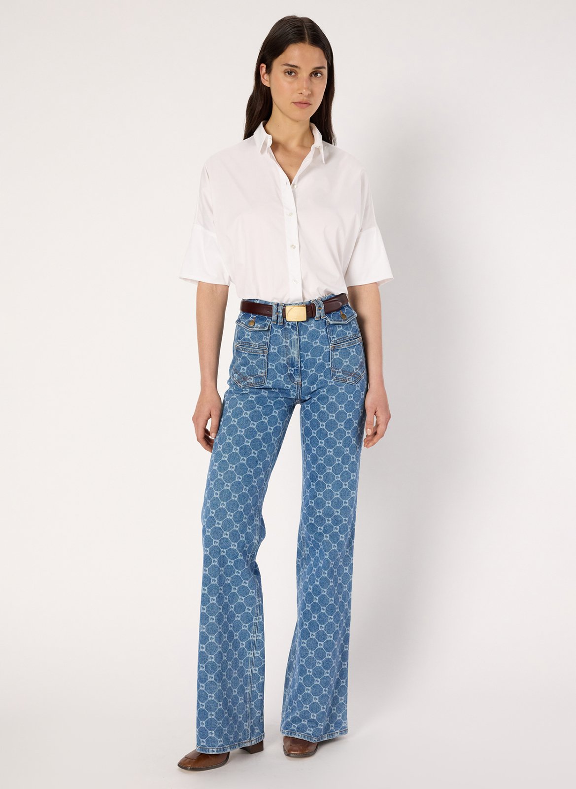 Flared High Waist Jeans mit Print Blau