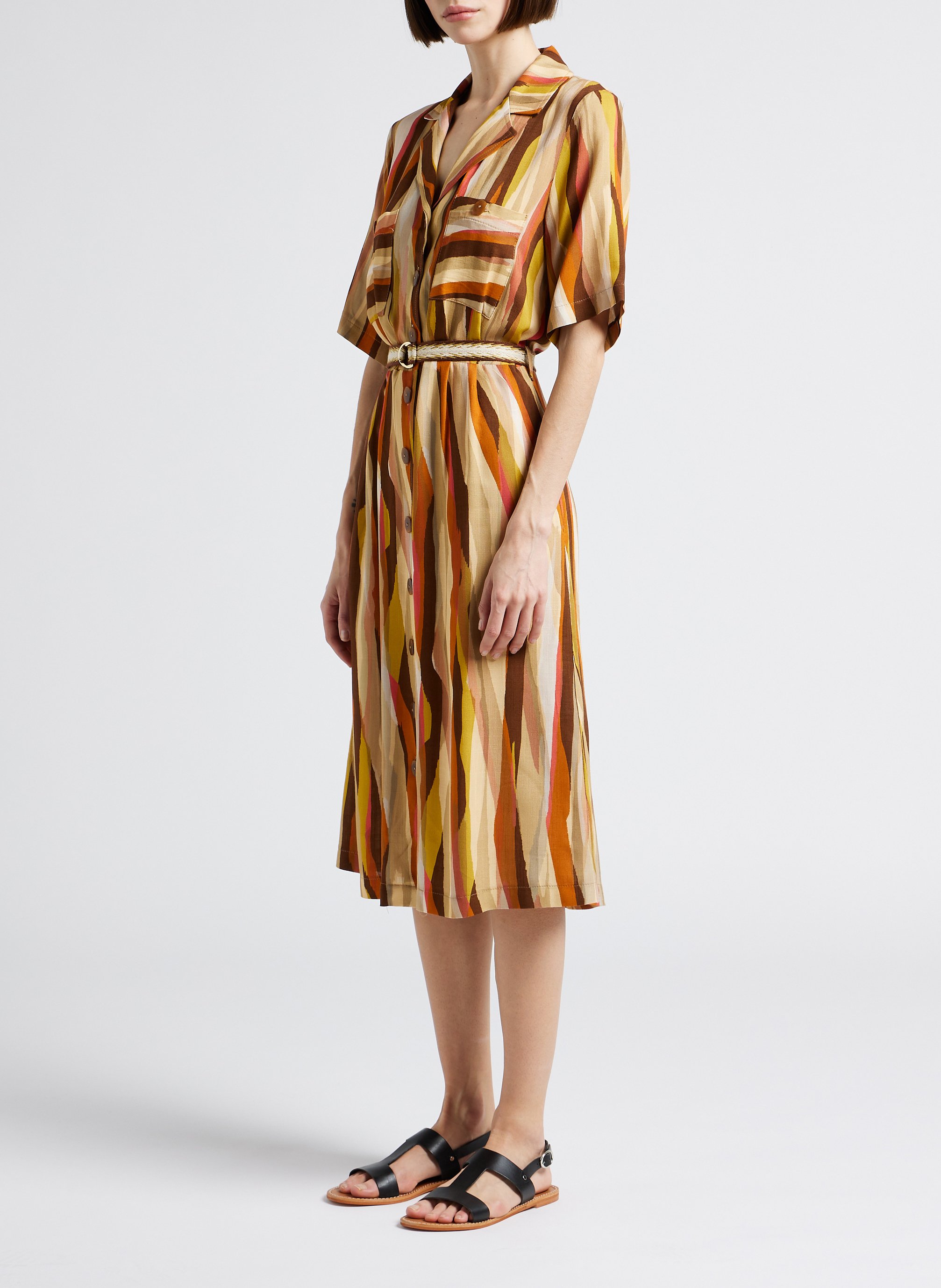 Robe midi col tailleur imprimée LA PETITE FRANCAISE Kaki