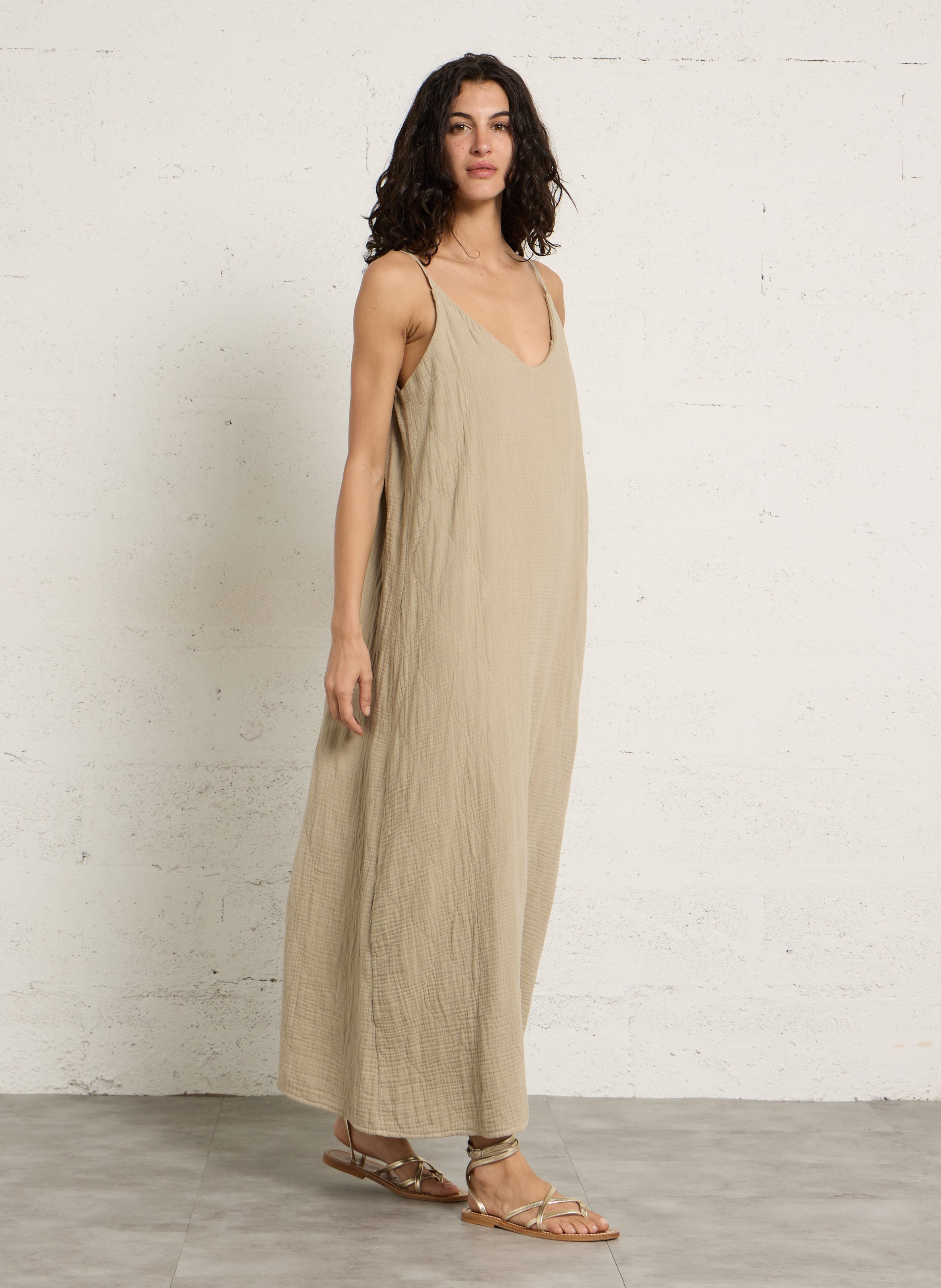 Long V-neck satin printed cashmere long dress AOKYANOS Beige