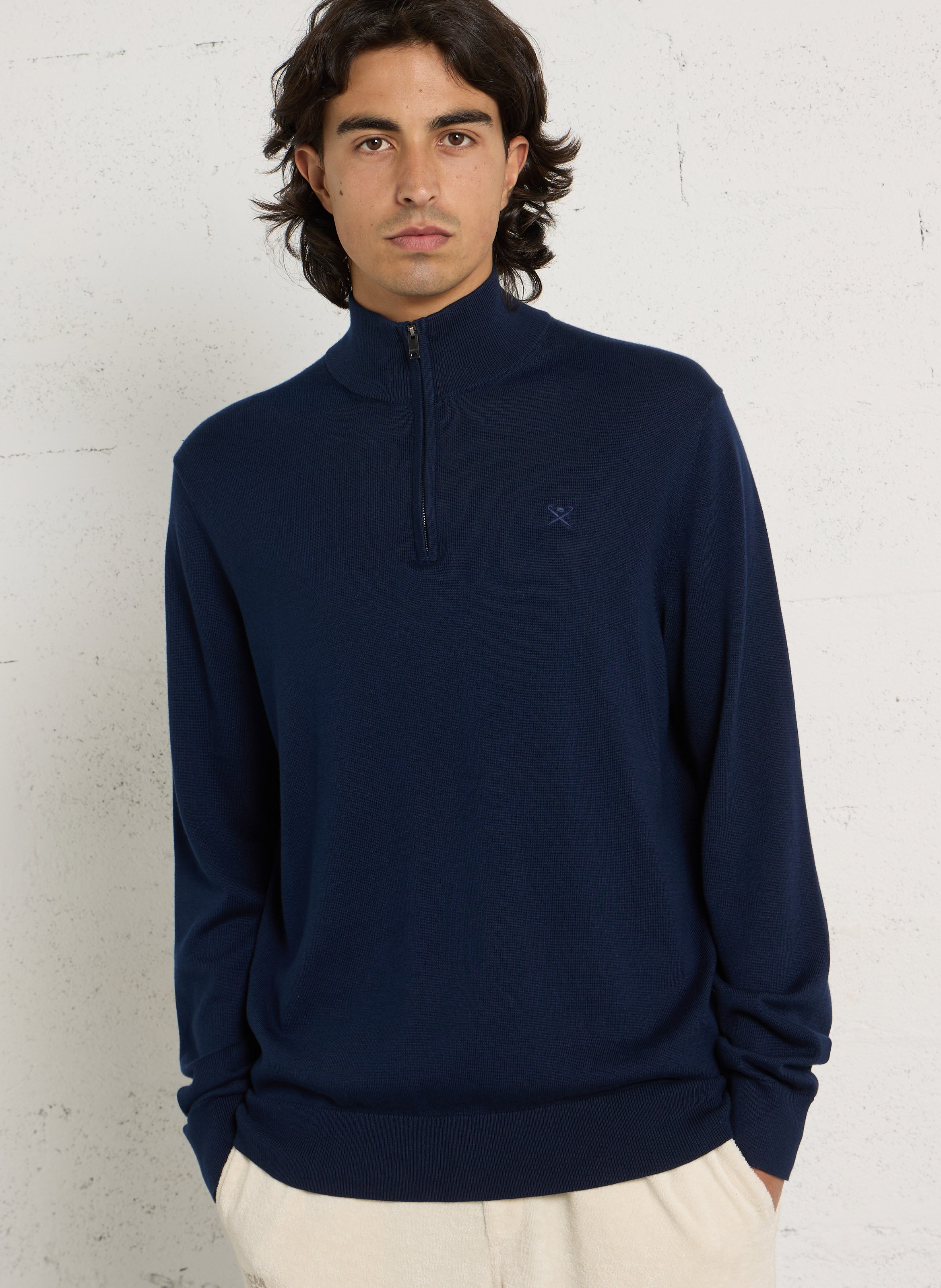 Pull col montant zippé uni en coton HACKETT Bleu