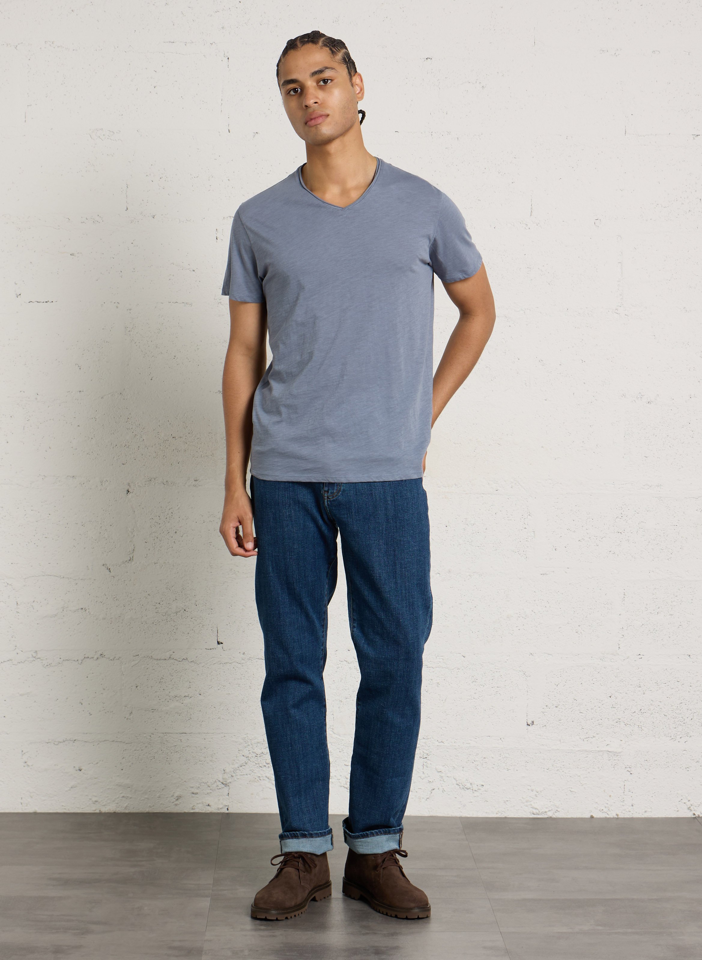 Tee-shirt droit col V en coton IKKS Bleu