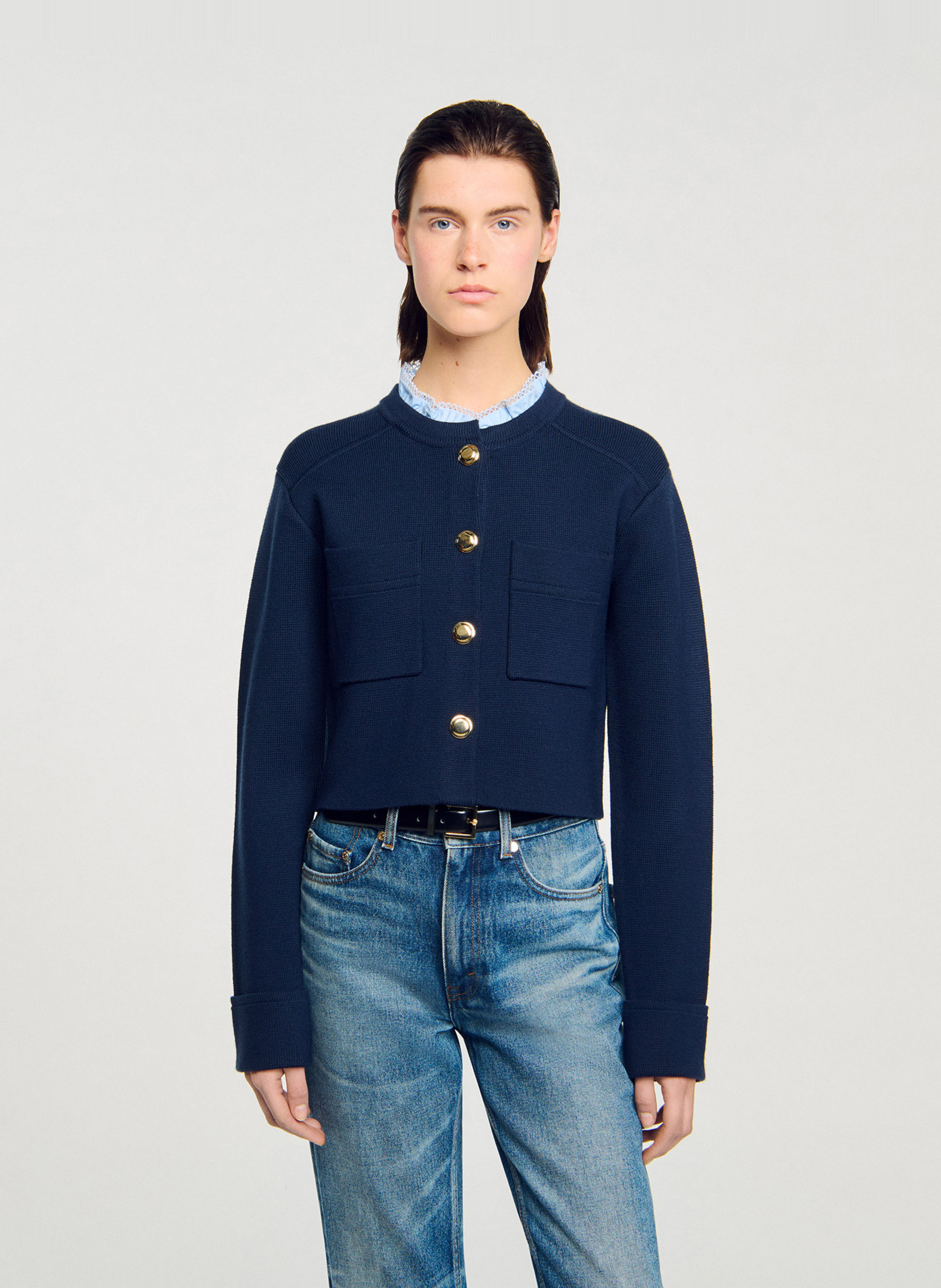 Cardigan droit col montant SANDRO Bleu