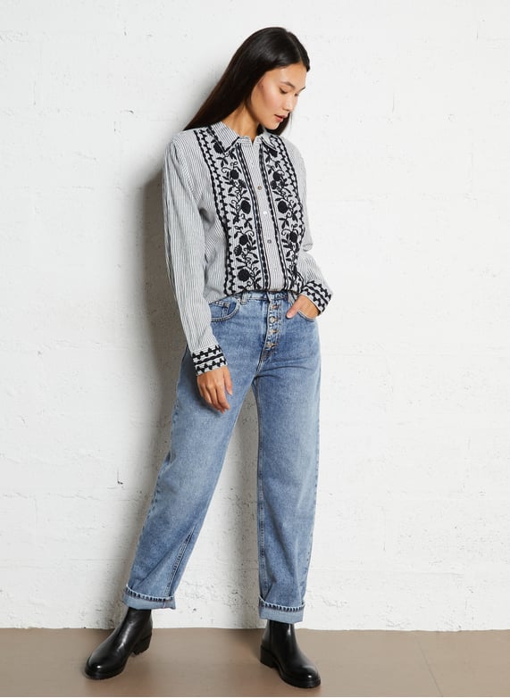 Hoge taille rechte jeans in gewassen denim - Look 6