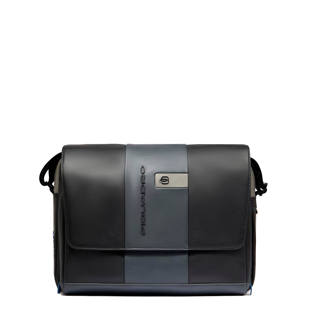 Leather computer messenger bag with pocket for airpods®, shock protection, and RFID. PIQUADRO