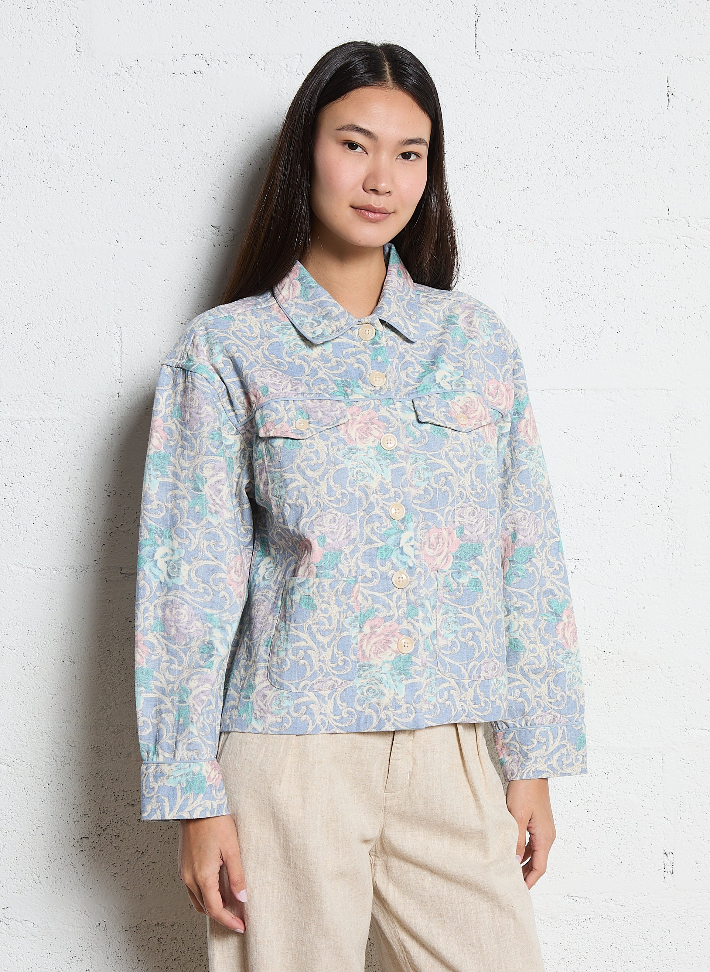 Veste droite col classique en coton imprimé MAISON HOTEL Bleu