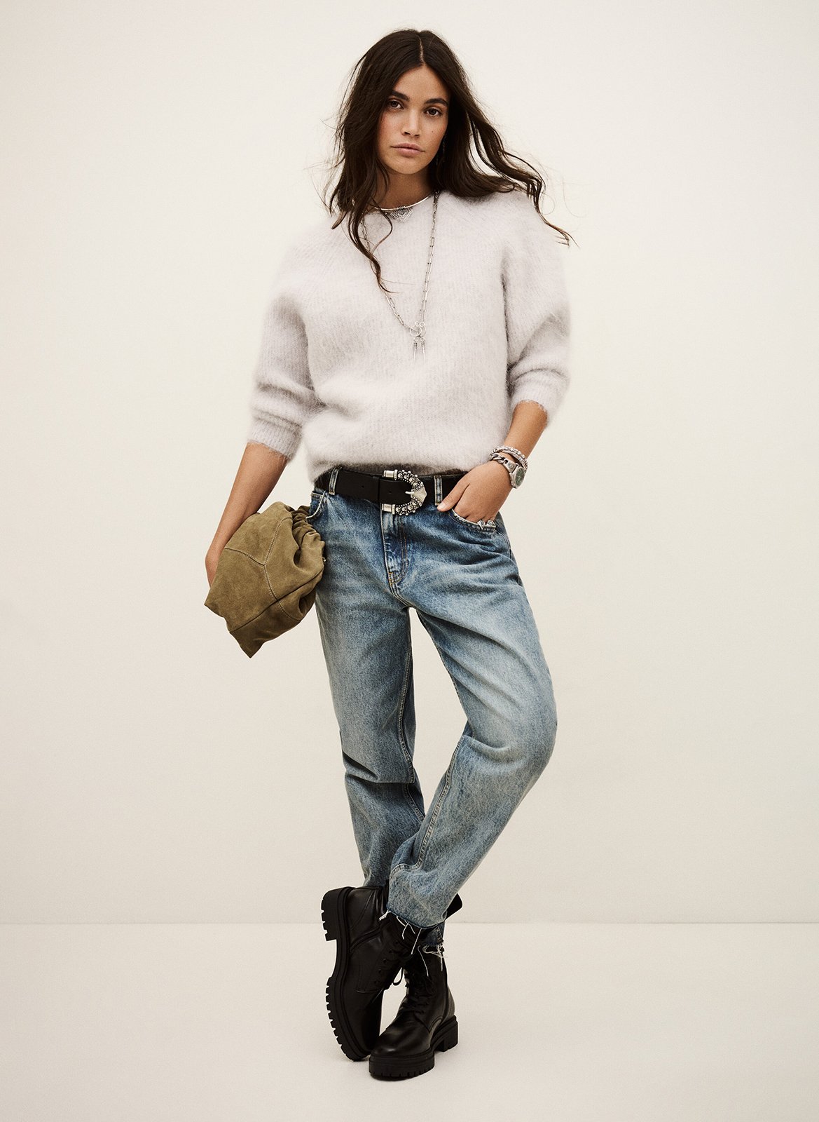 Pull oversize col rond en laine mélangée BA&SH Gris