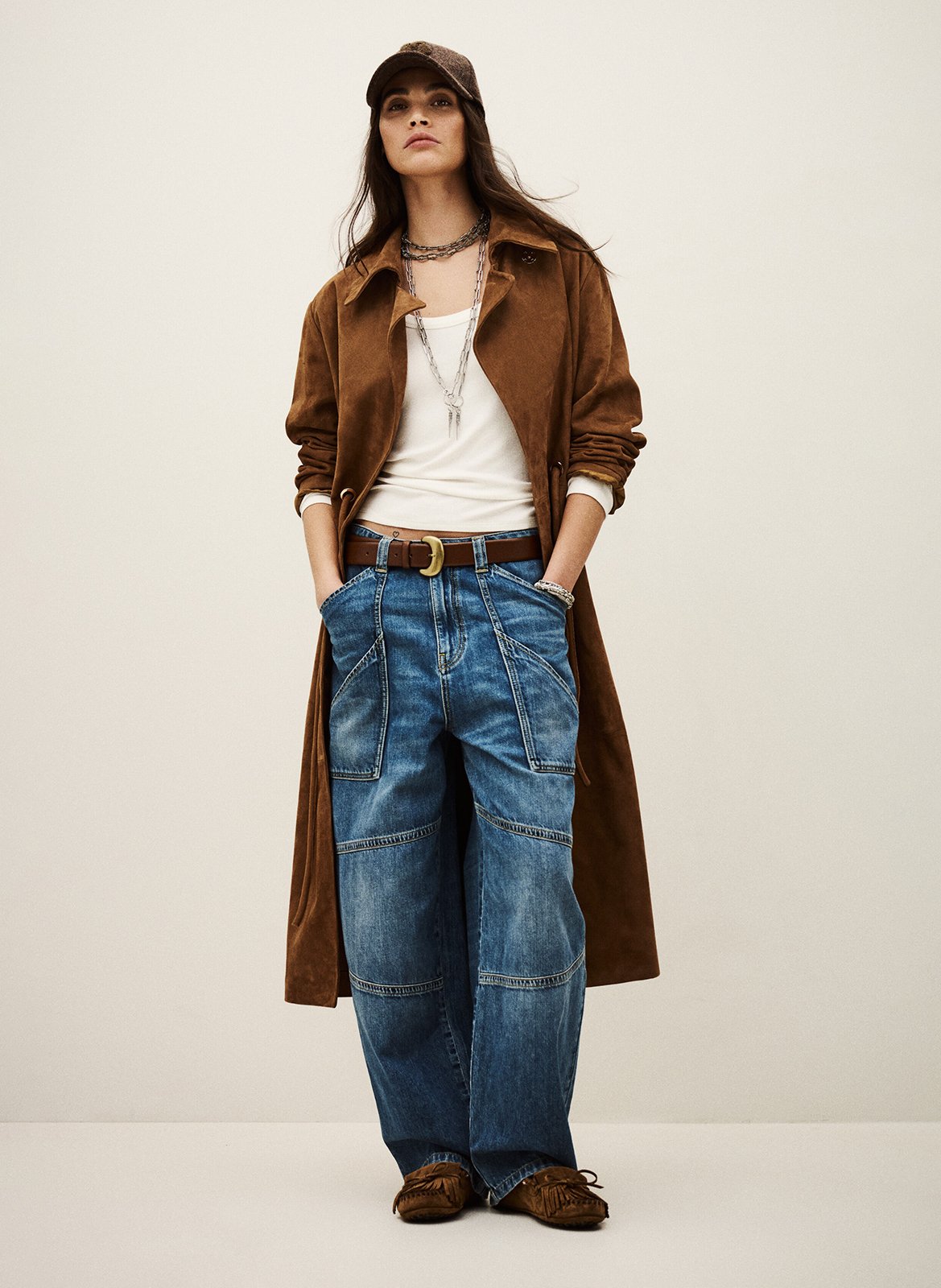 Manteau droit col à rabat en cuir velours BA&SH Marron