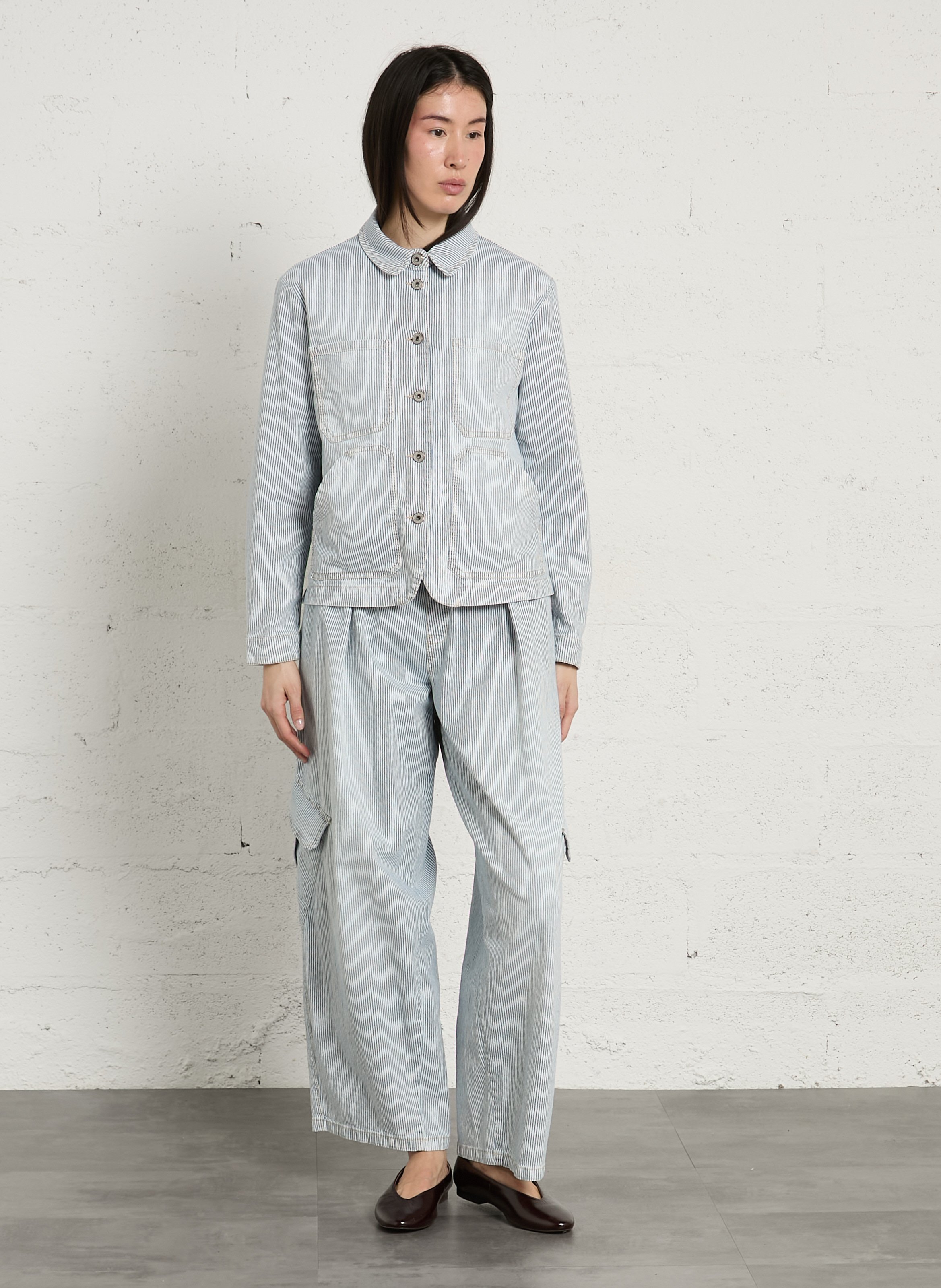 Wide cargo pants in striped mixed cotton PLEASE Blue