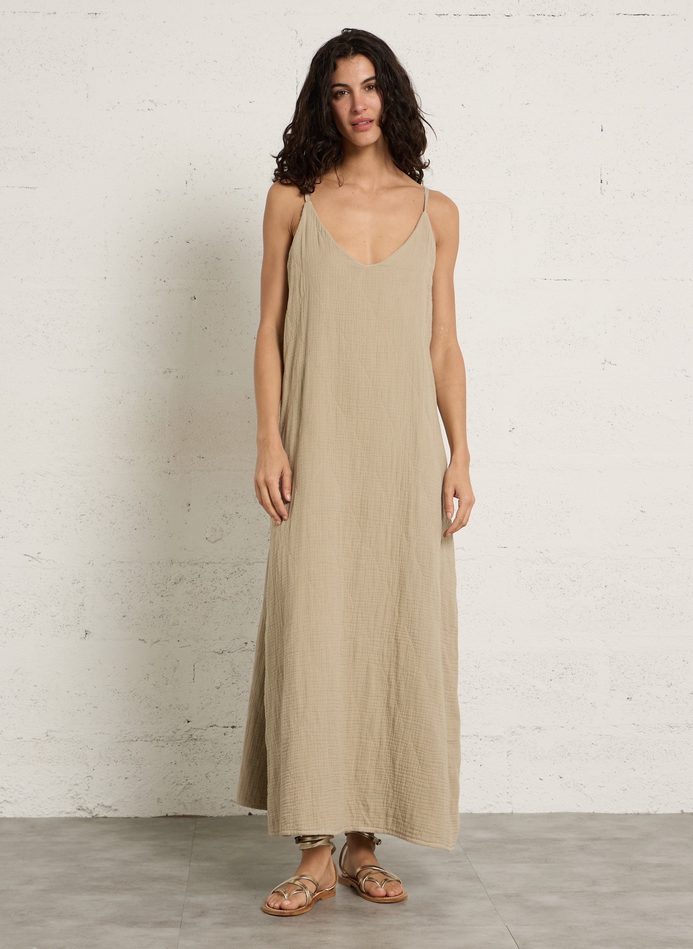 Long V-neck satin printed cashmere long dress AOKYANOS