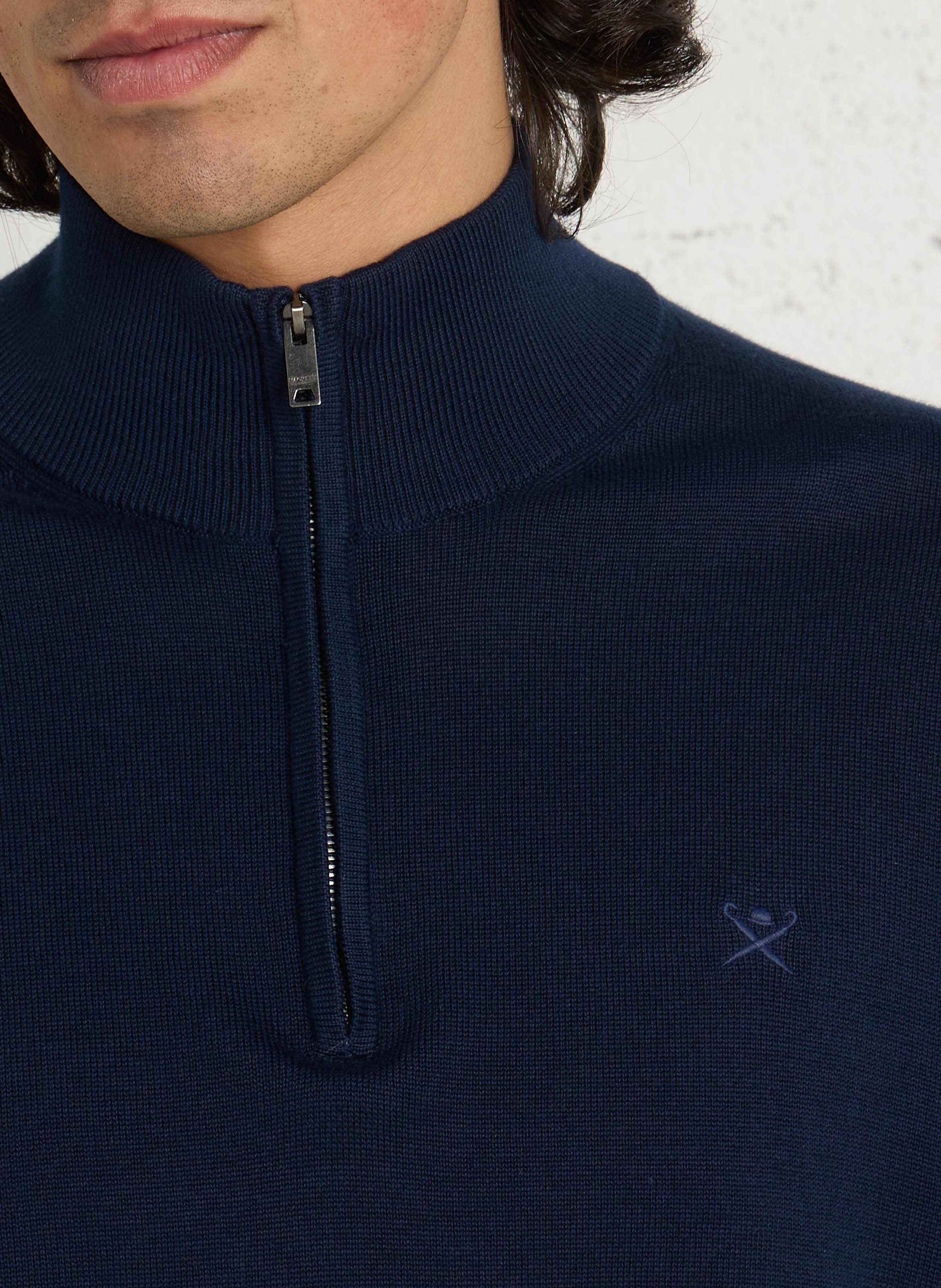 Pull col montant zippé uni en coton HACKETT Bleu