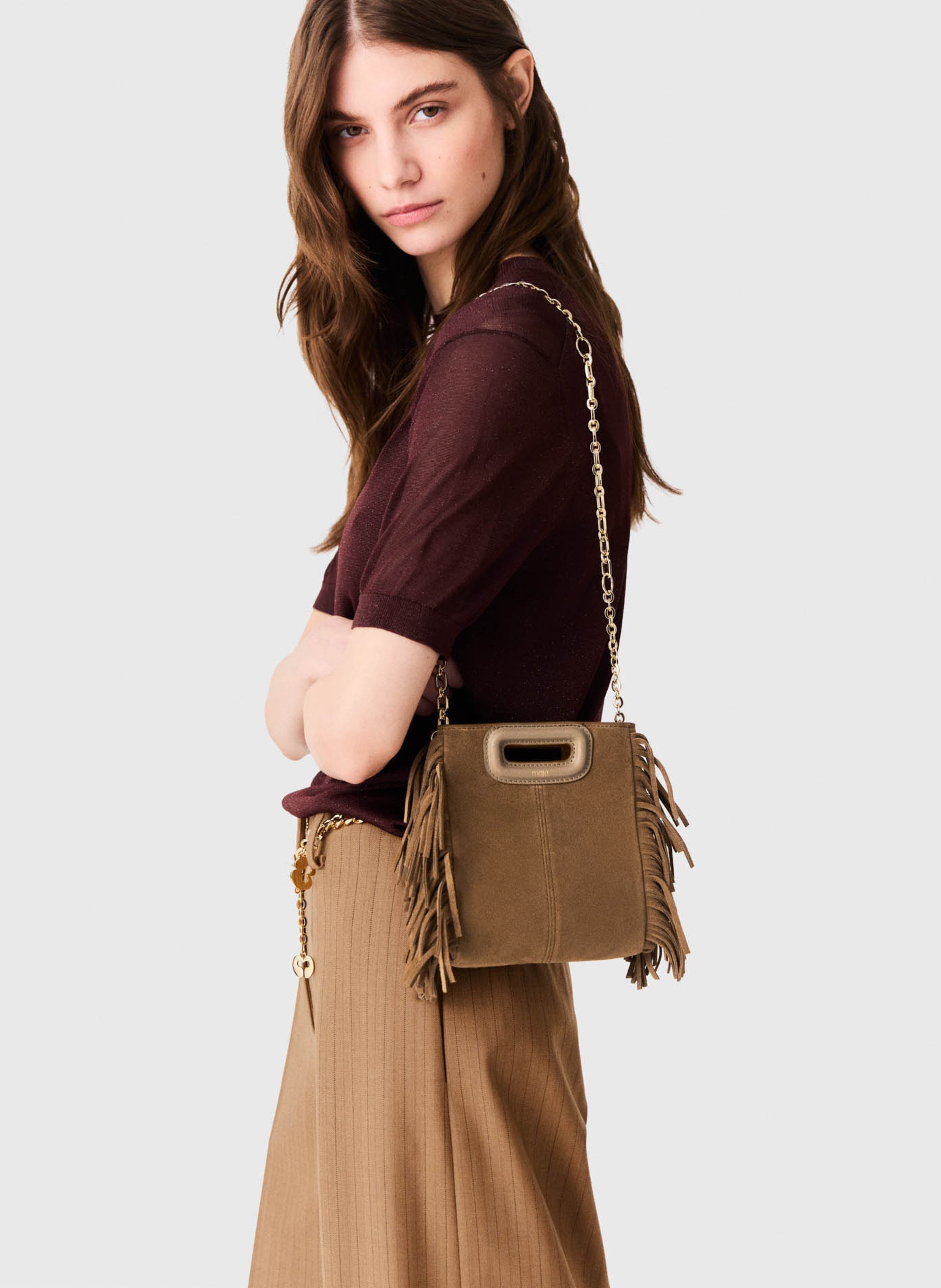 Sac bandoulière à franges en cuir velours  MAJE Beige