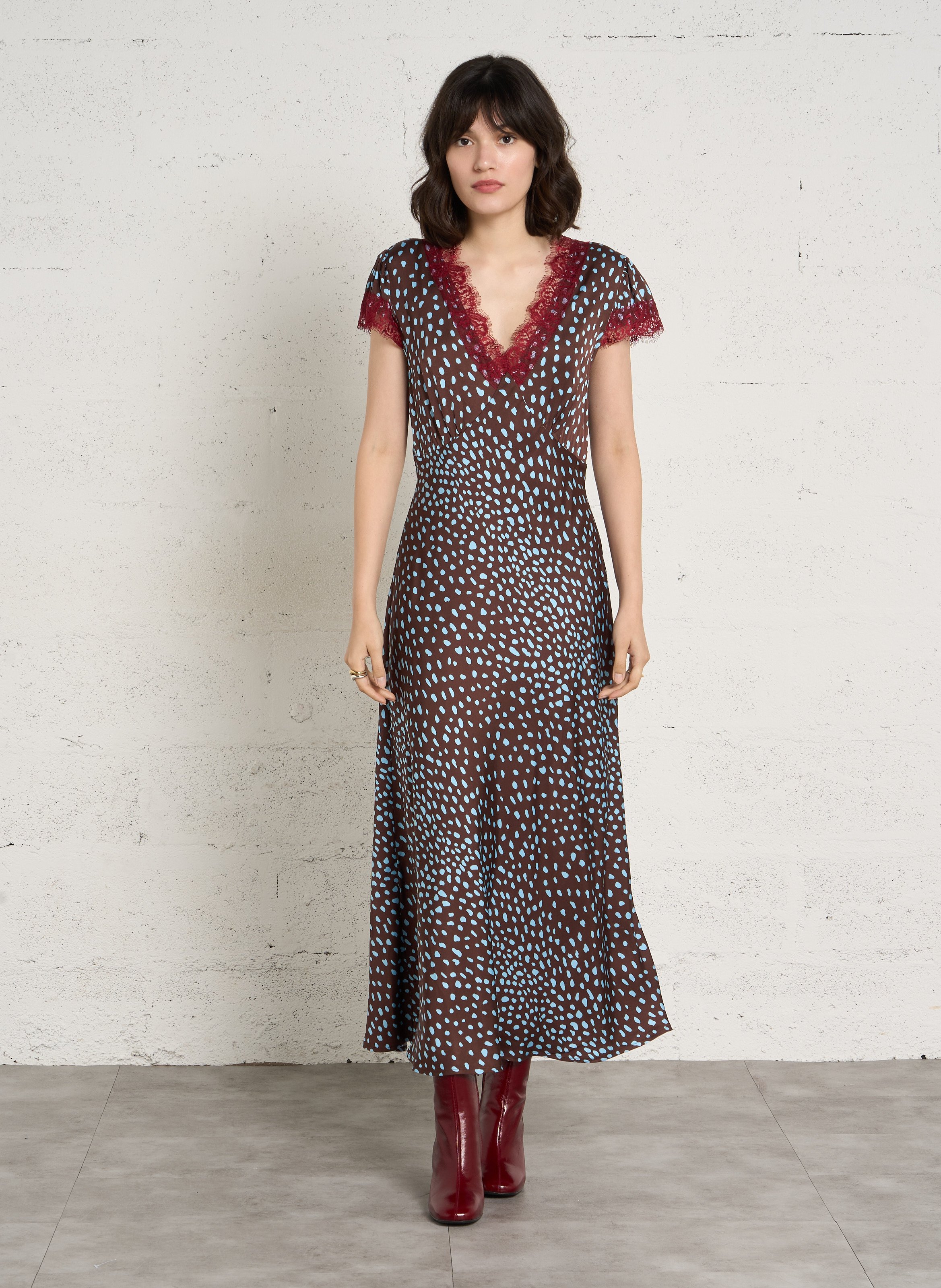 Long printed V-neck dress NEVER FULLY DRESSED Brown