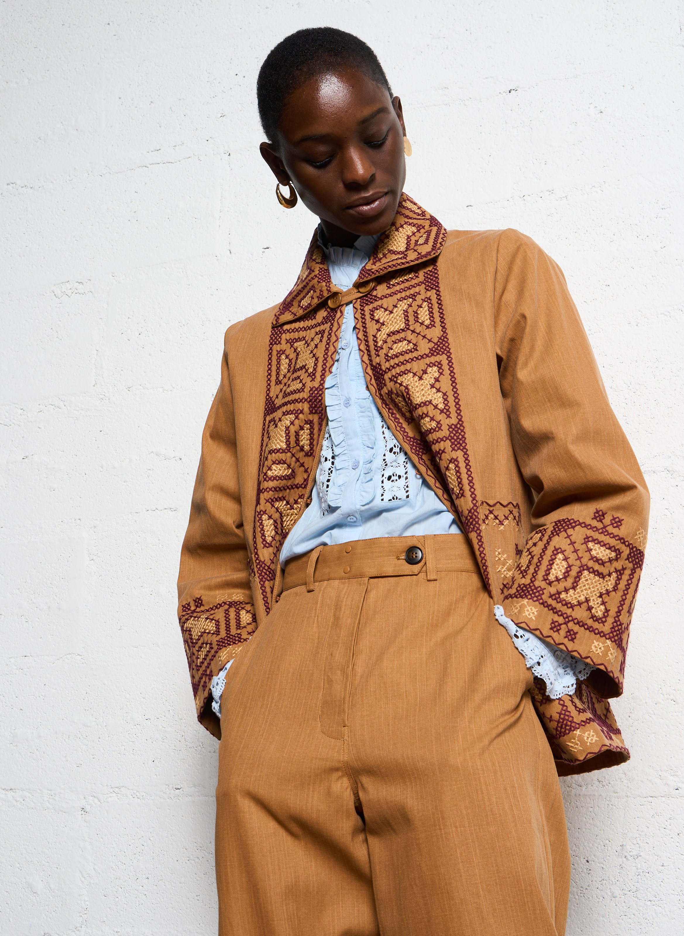 Loose-fit embroidered cotton jacket ANTIK BATIK Brown