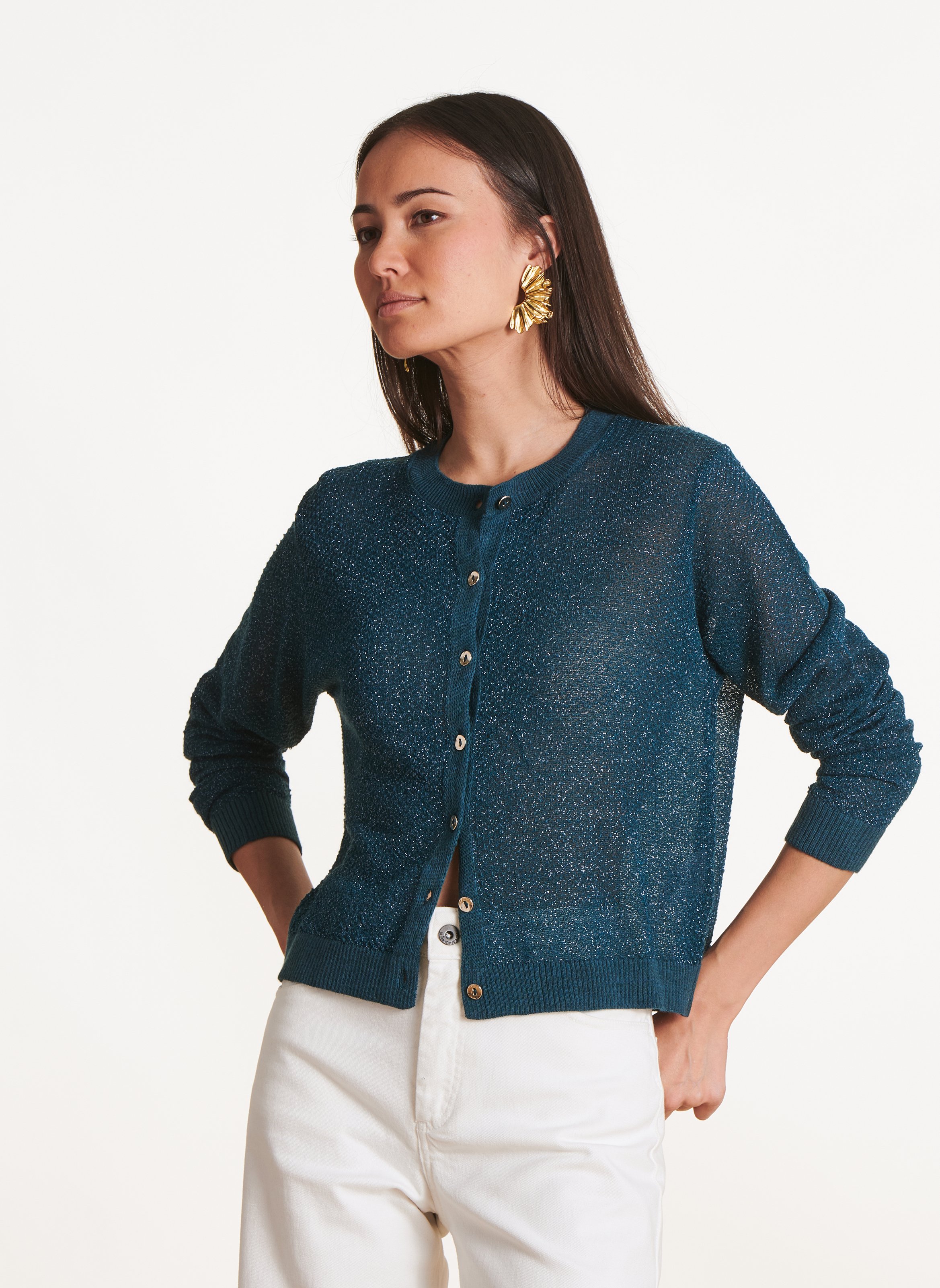 Short iridescent knit vest LA FEE MARABOUTEE Blue