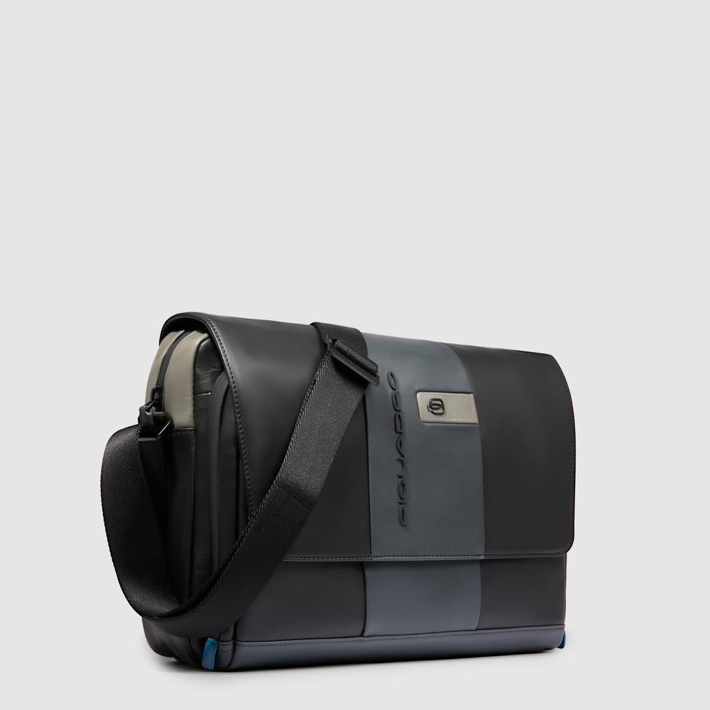 Leather computer messenger bag with pocket for airpods®, shock protection, and RFID. PIQUADRO Black