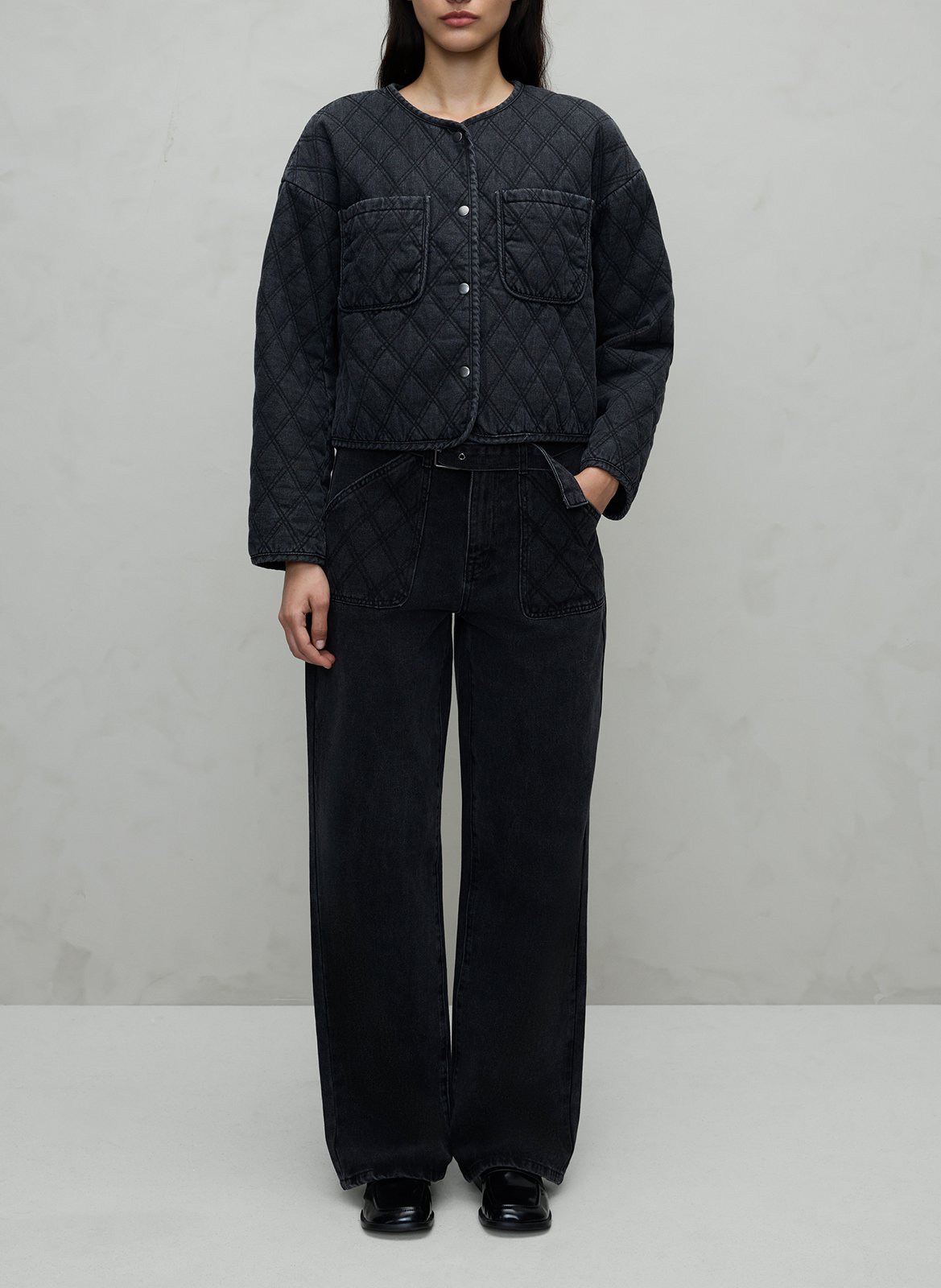 Straight round-neck quilted cotton jacket VILA Grey