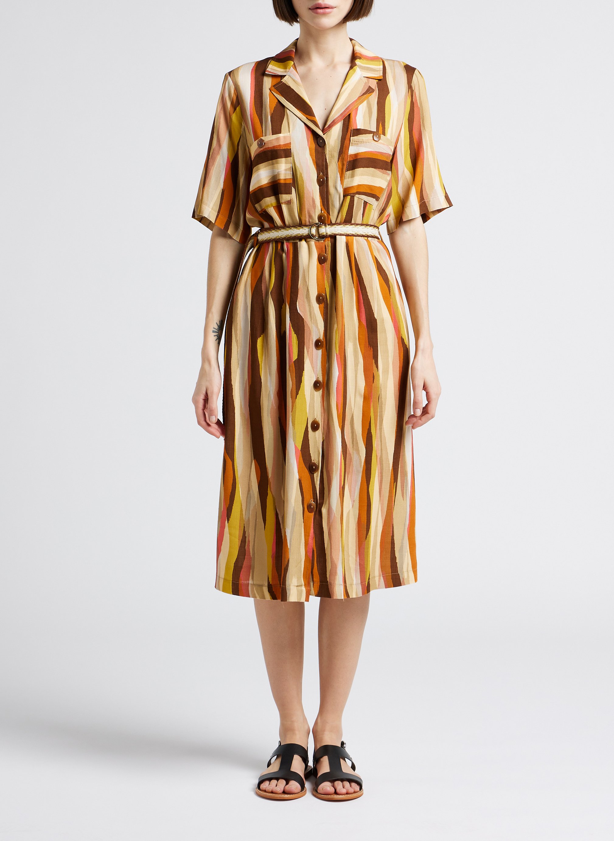 Robe midi col tailleur imprimée LA PETITE FRANCAISE Kaki