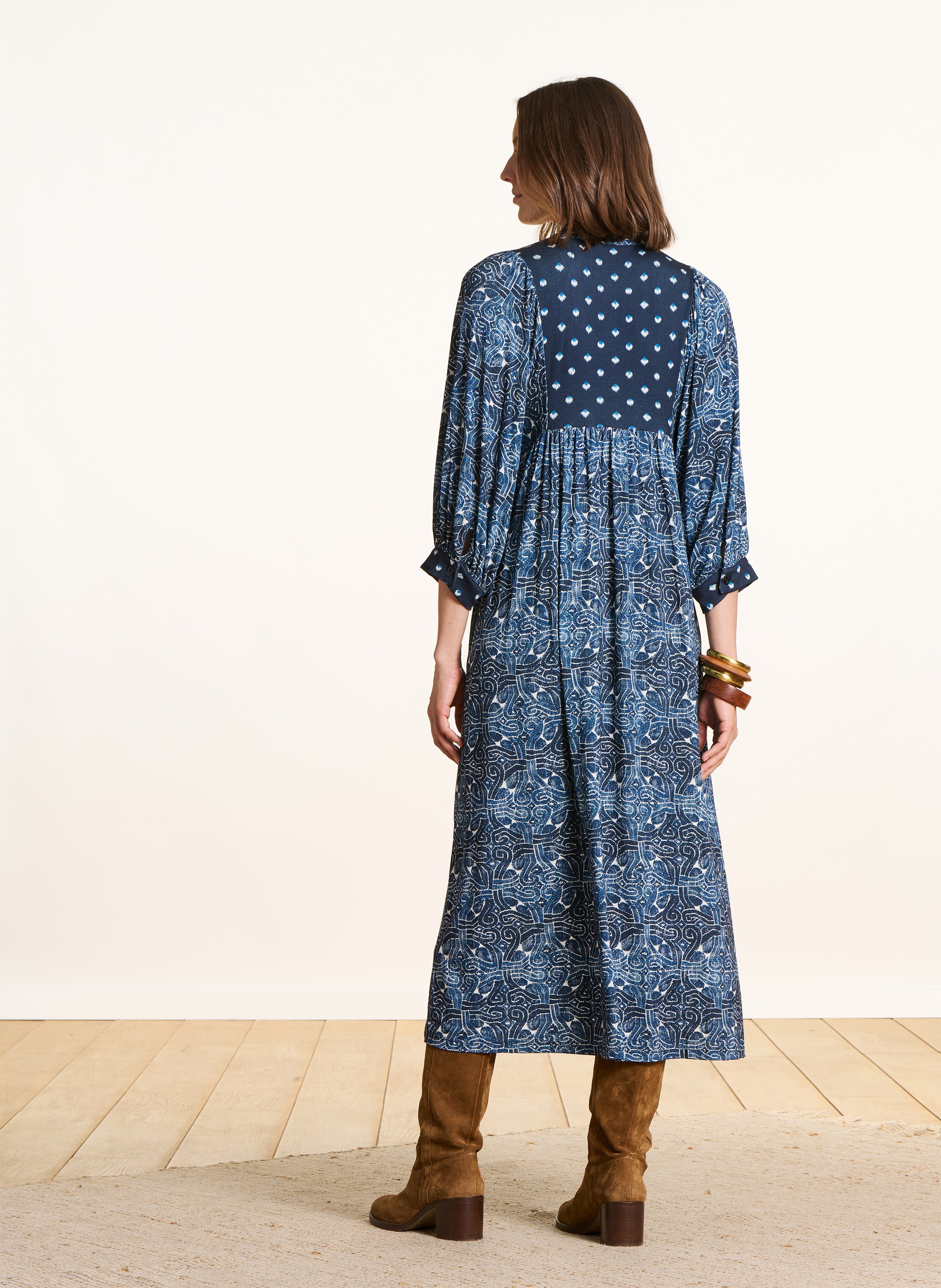 Robe longue col rond imprimée LA FEE MARABOUTEE Bleu