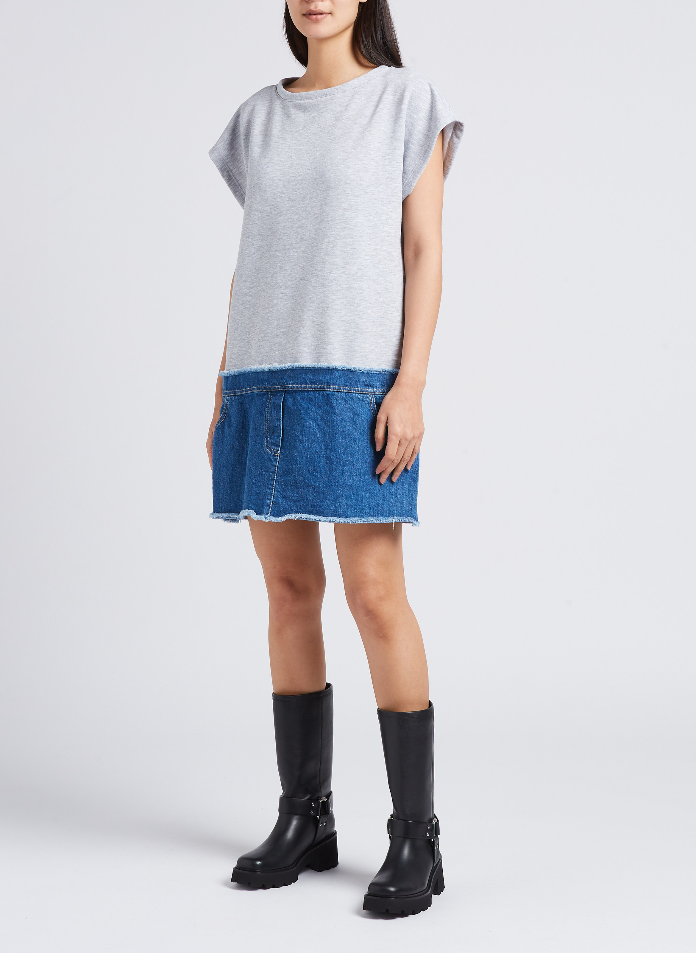 Loose-fit round-neck printed midi dress PLEASE Grey