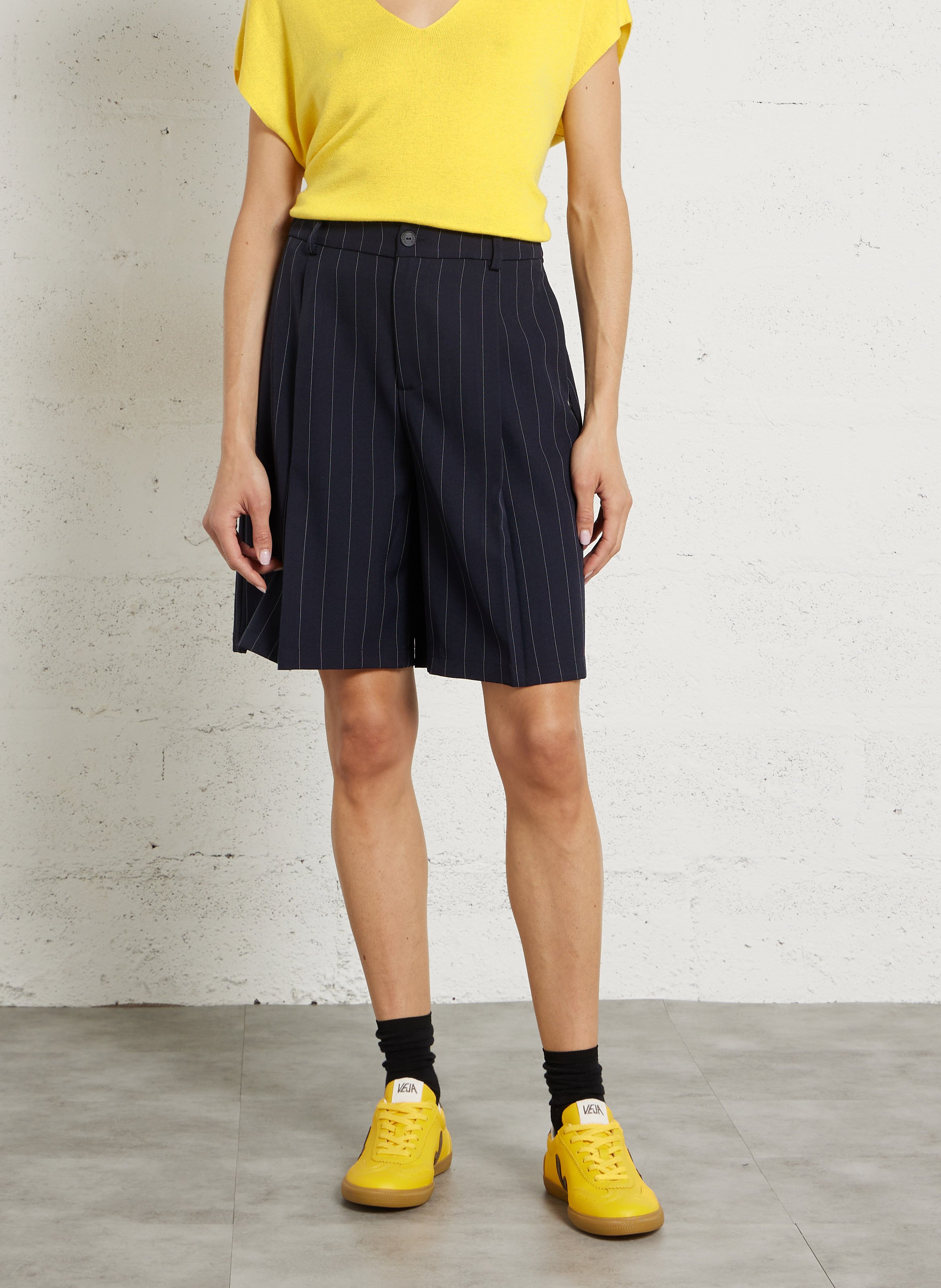 Hoge taille gestreepte bermuda met plooien PLEASE