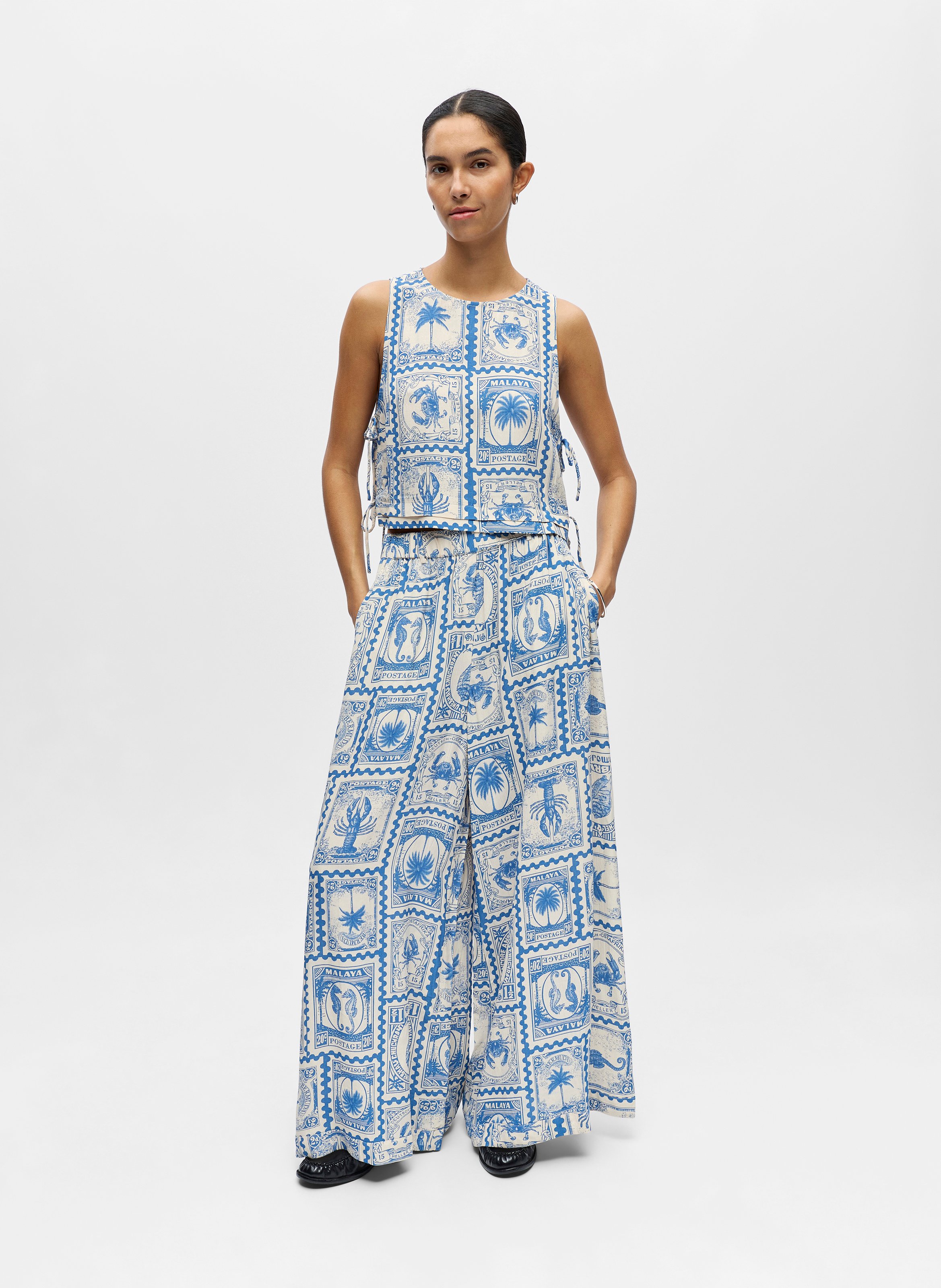 Pantalon large taille haute imprimé OBJECT Beige