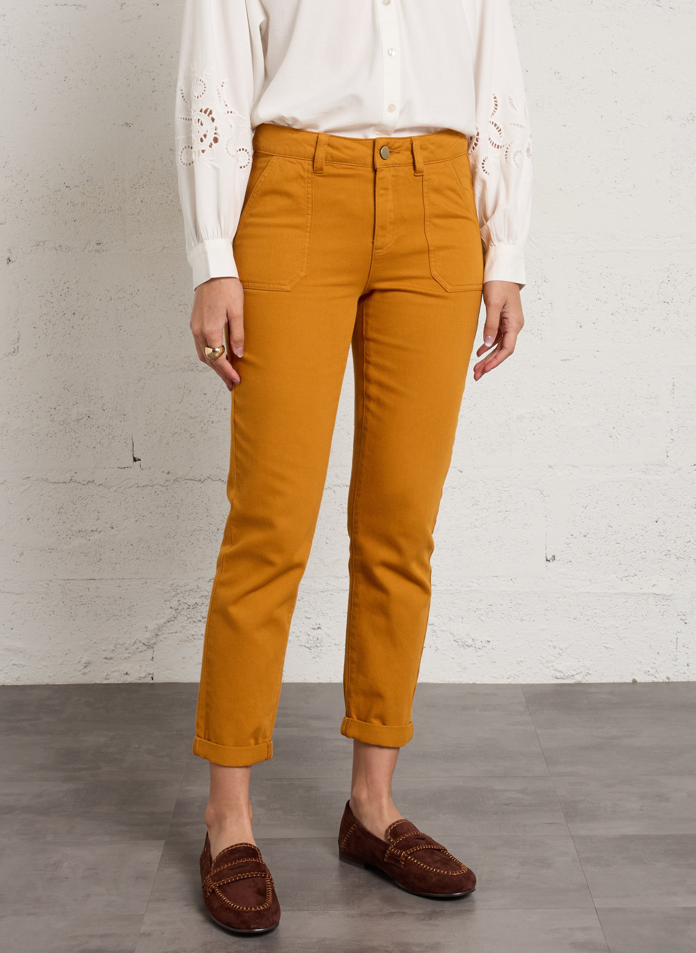 Pantalon slim taille haute en coton MAISON 123 Doré
