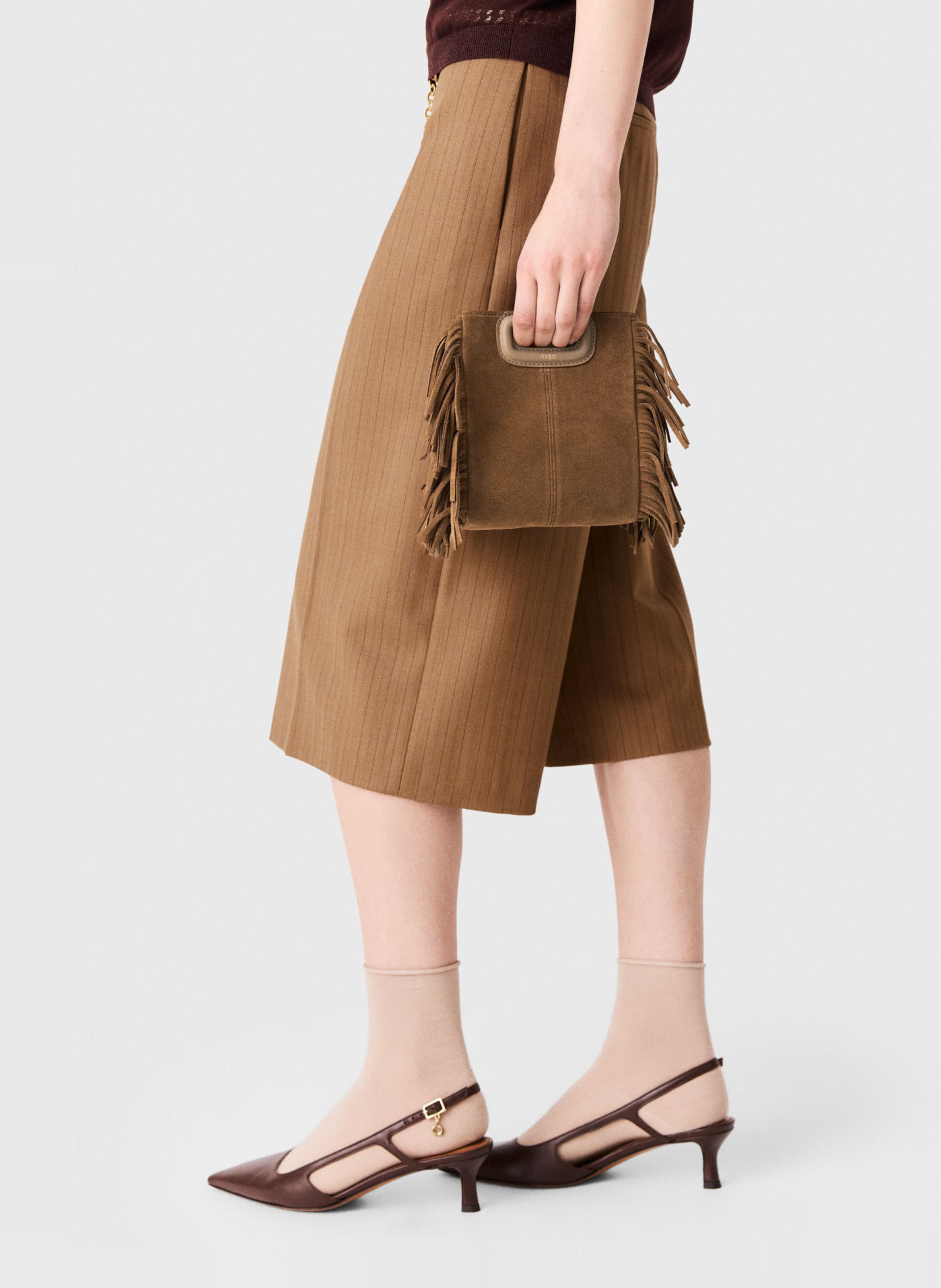 Sac bandoulière à franges en cuir velours  MAJE Beige