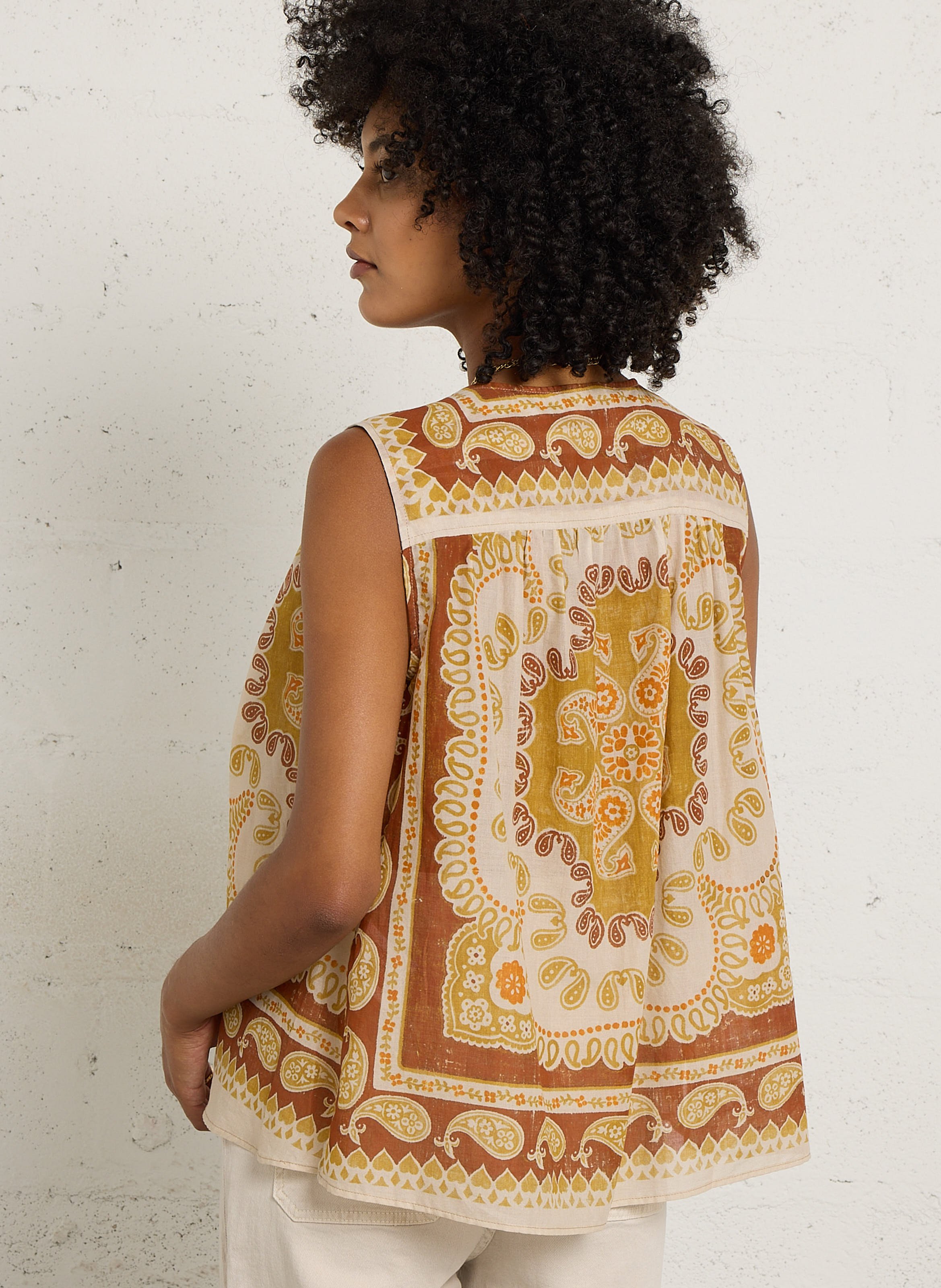 Straight-cut printed cotton shirt with round neck SUD EXPRESS Orange