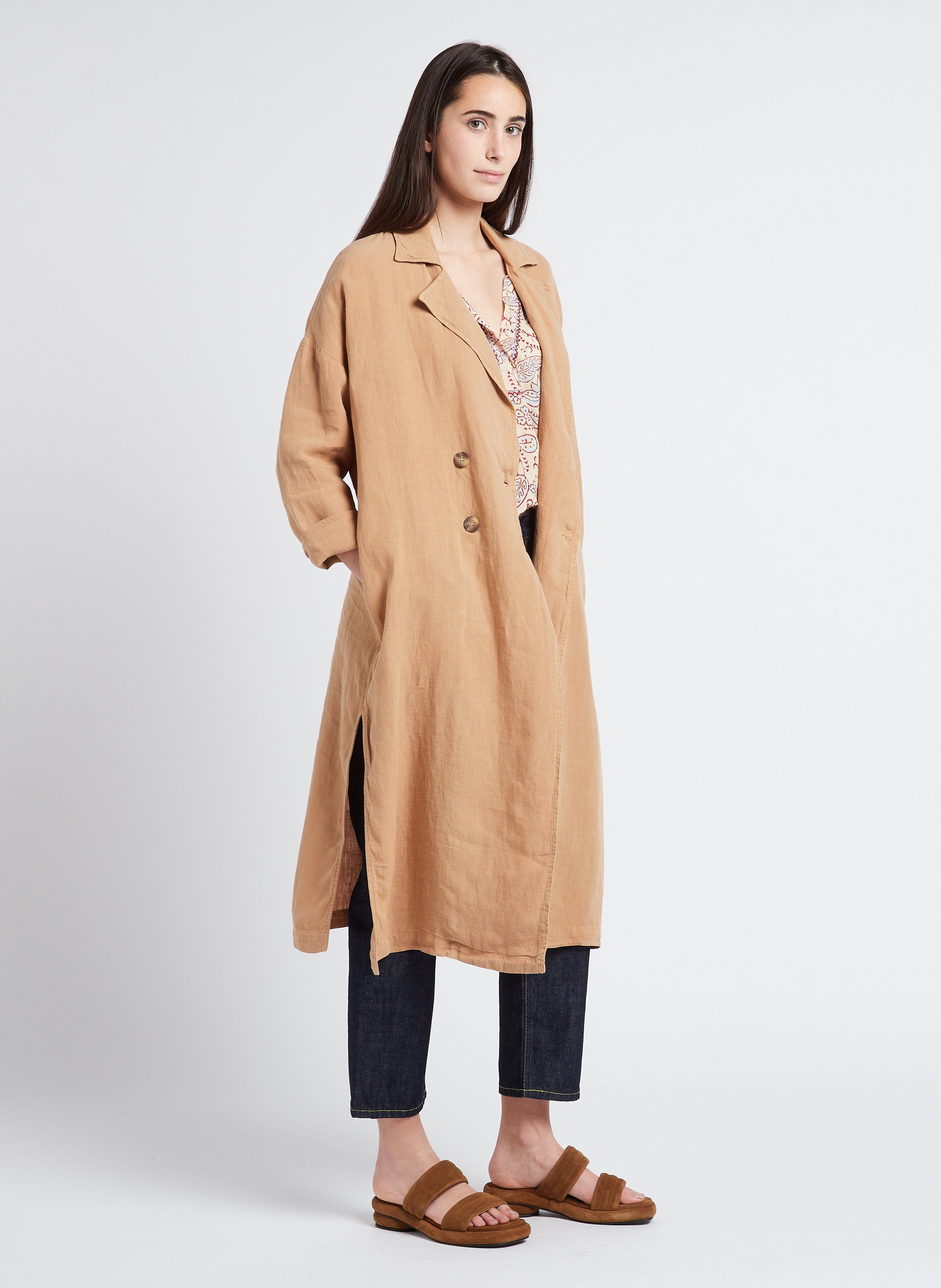 Lange, linnen trenchcoat THE NEW SOCIETY Bruin