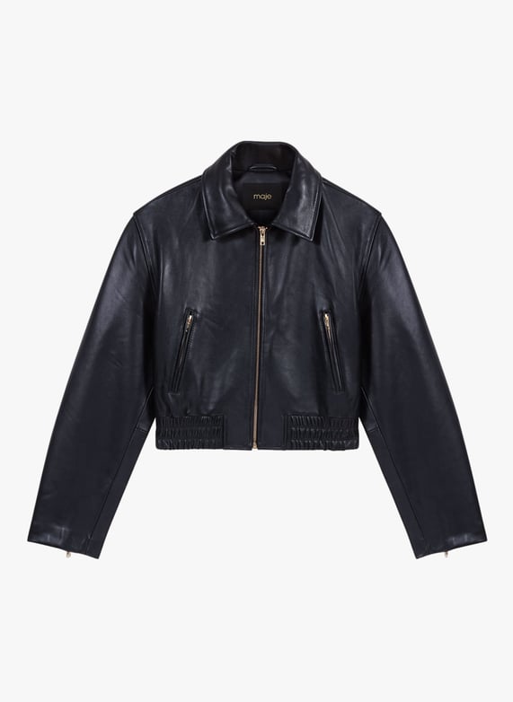 Lambskin Leather Jacket With Classic Collar Noir Maje Women MFPBL00747 2517 NOIR Place des Tendances Europe