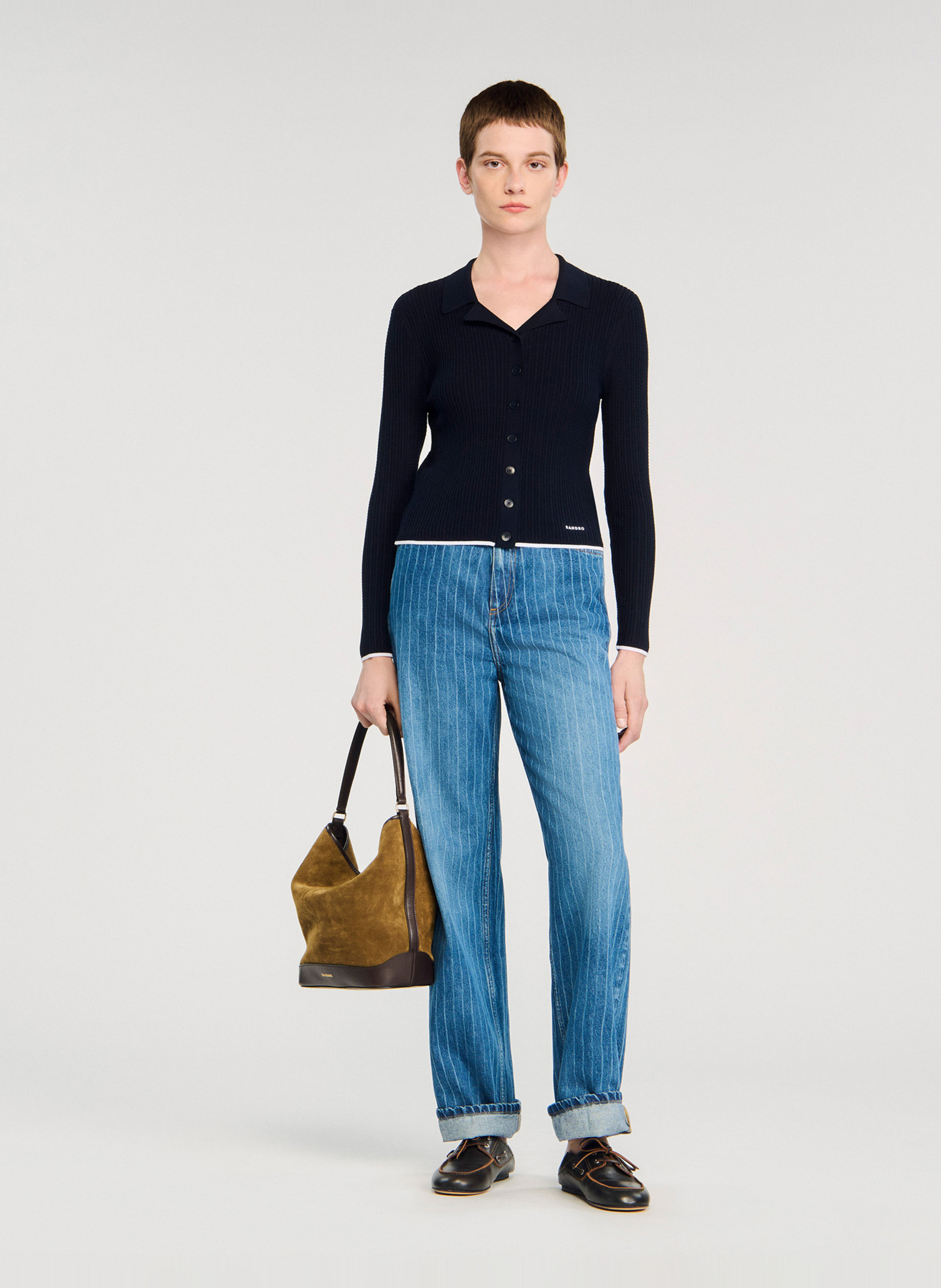 Cardigan ajustée côtelée col classique SANDRO Bleu