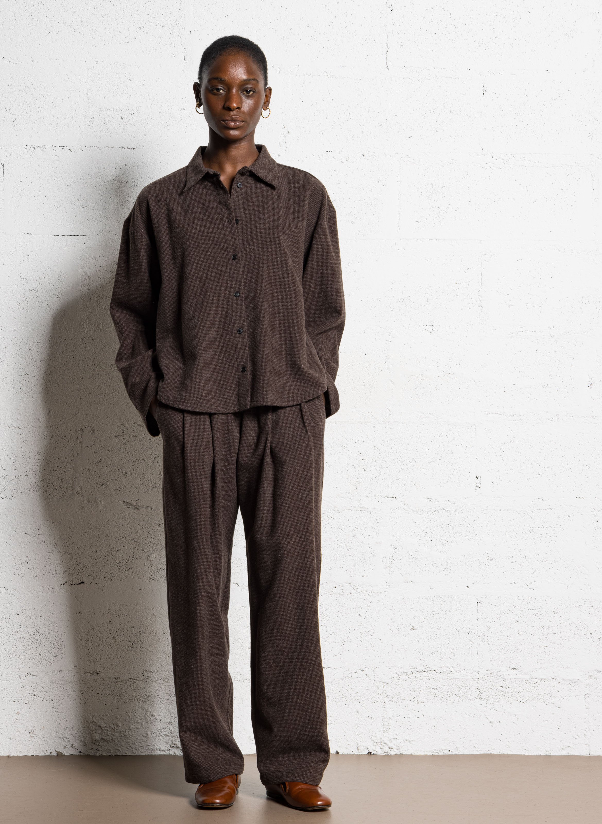 Chemise oversize col classique à carreaux en laine mélangée MASSCOB Marron