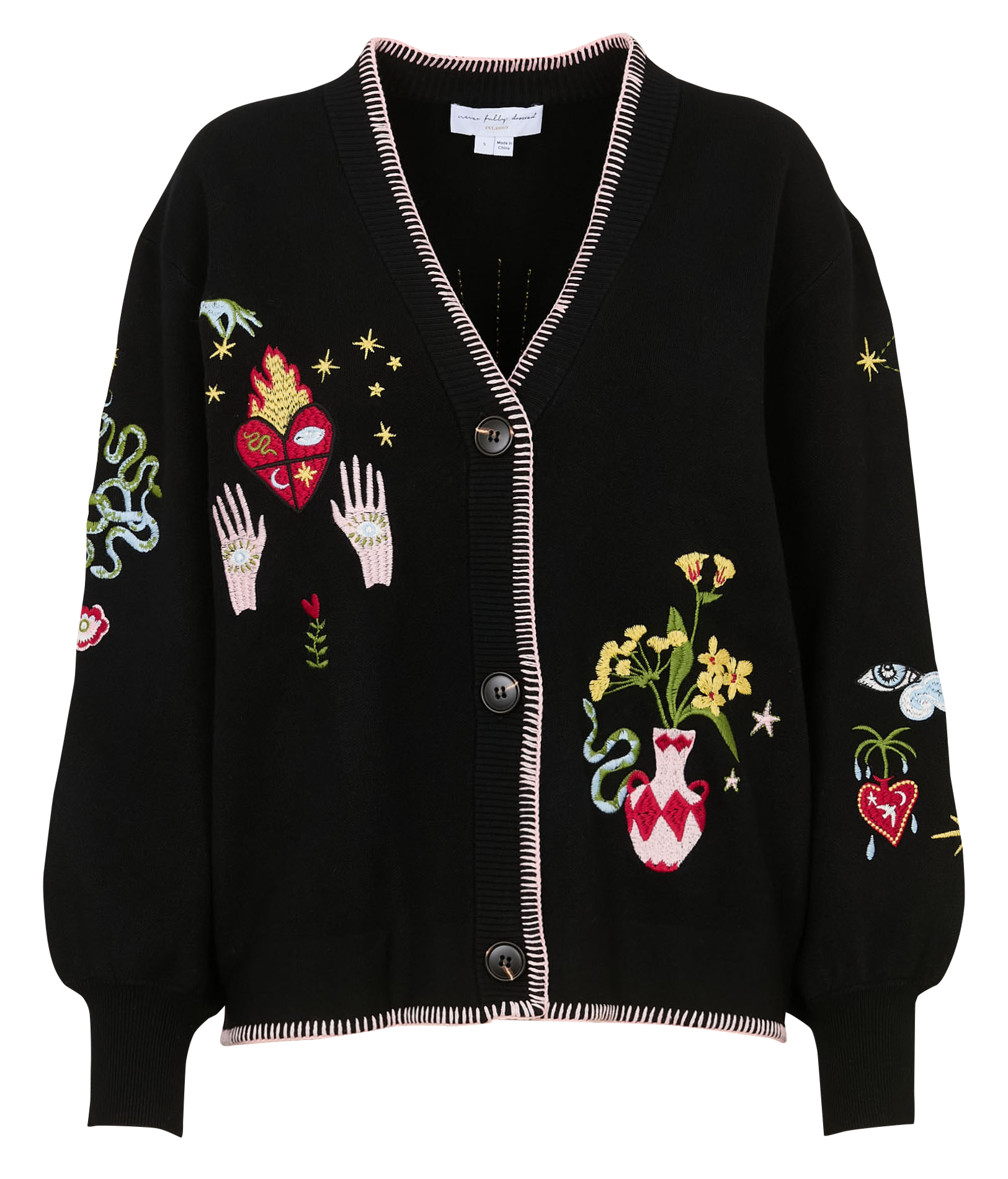 Cardigan boutonné uni à broderies NEVER FULLY DRESSED Noir