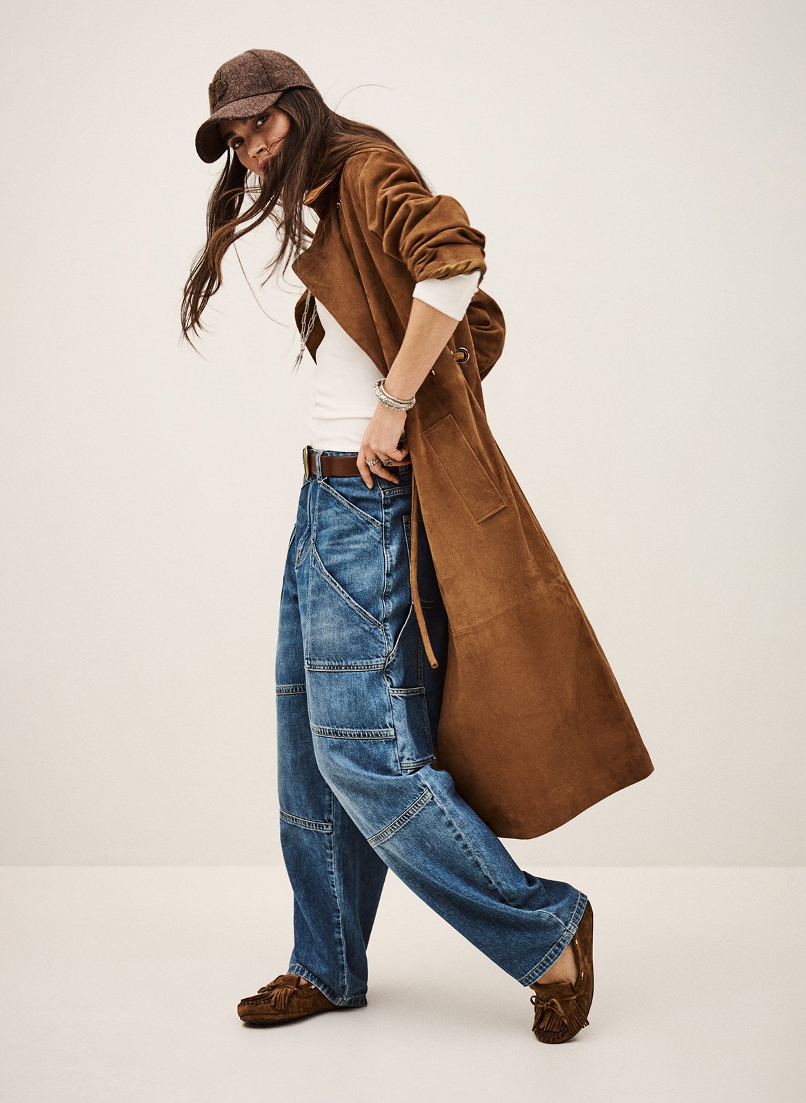 Manteau droit col à rabat en cuir velours BA&SH Marron