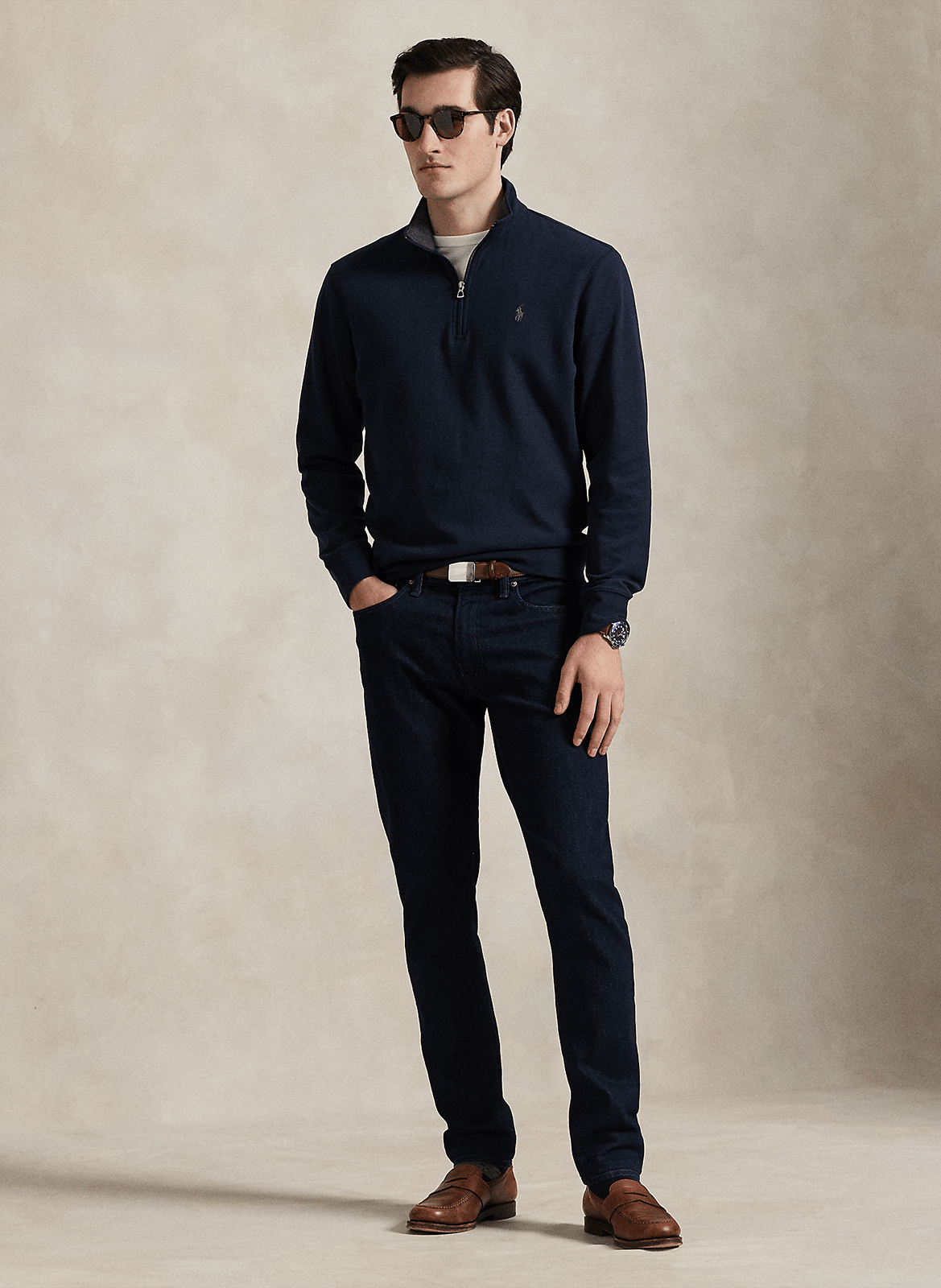 Pull col zippé en coton mélangé POLO RALPH LAUREN Bleu