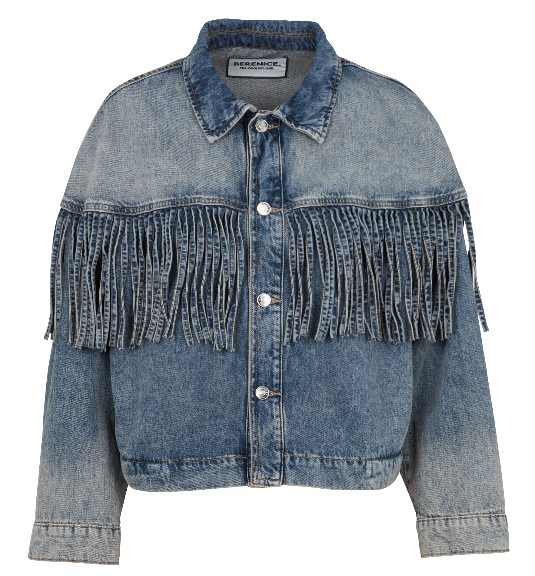 Rechte jas met franjes in verbleekt denim BERENICE Blauw