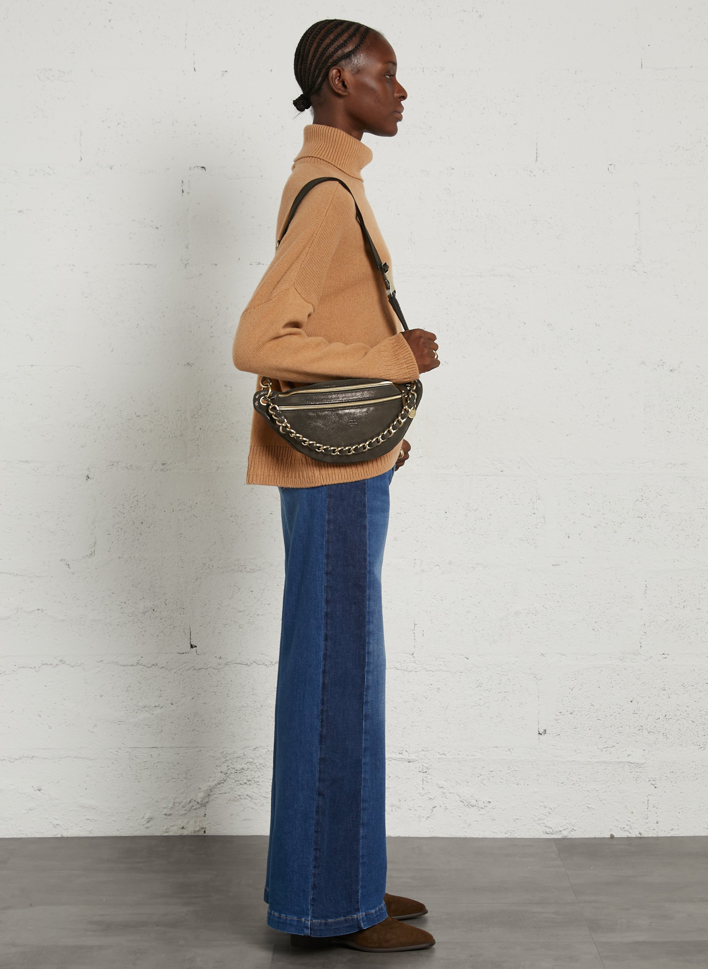 Schultertasche aus Leder mit Metallic-Effekt MILA LOUISE Khaki