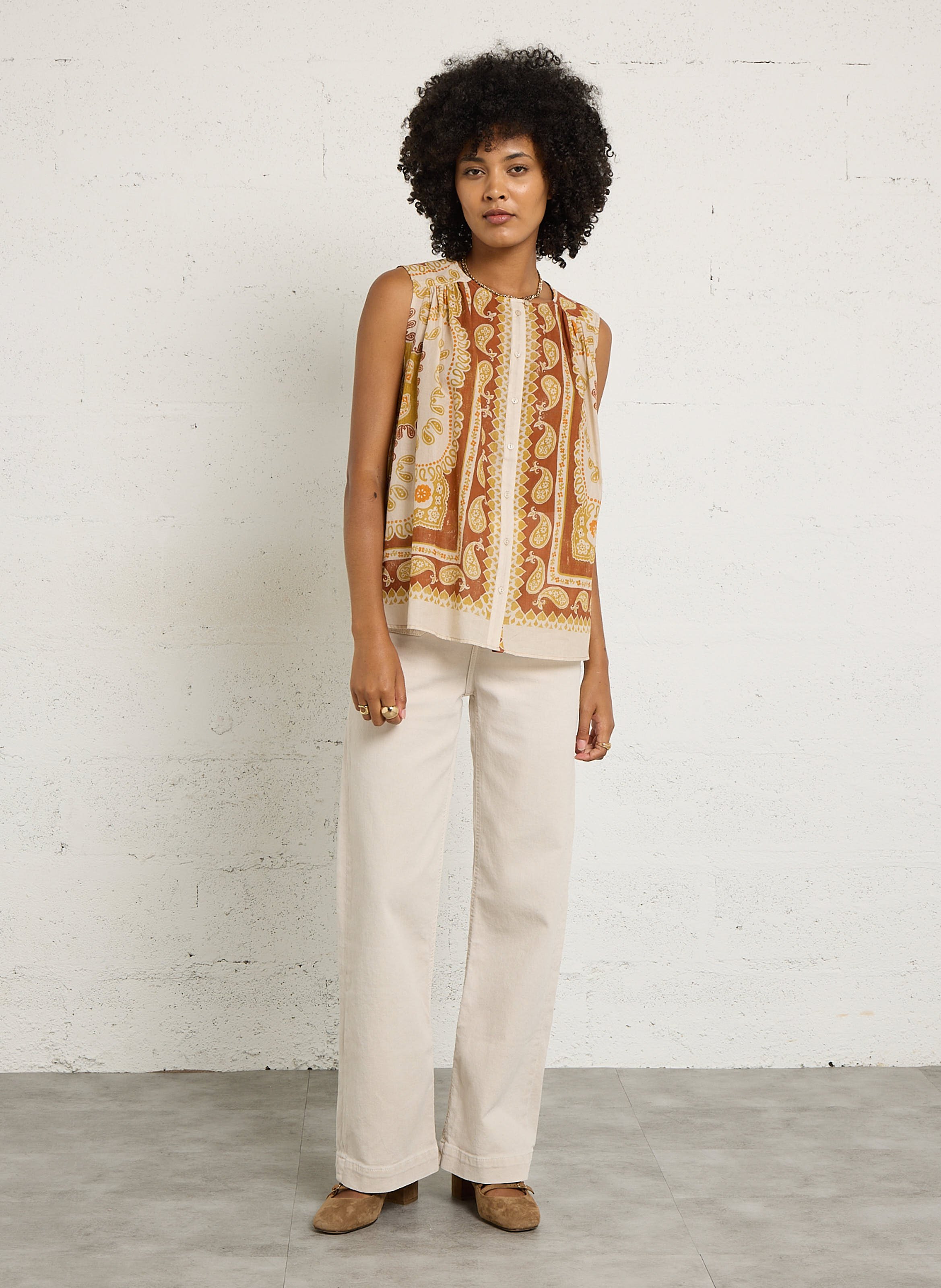 Straight-cut printed cotton shirt with round neck SUD EXPRESS Orange