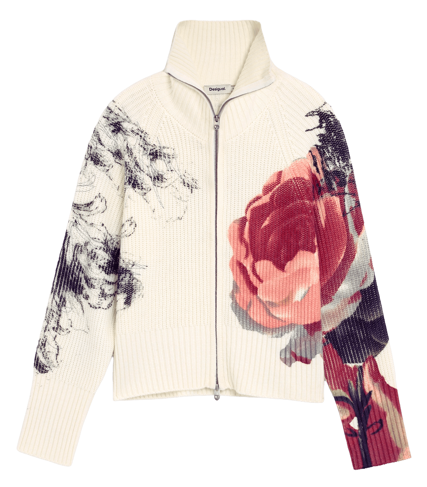 Gemusterte Strickweste mit Stehkragen und Reißverschluss DESIGUAL Weiss