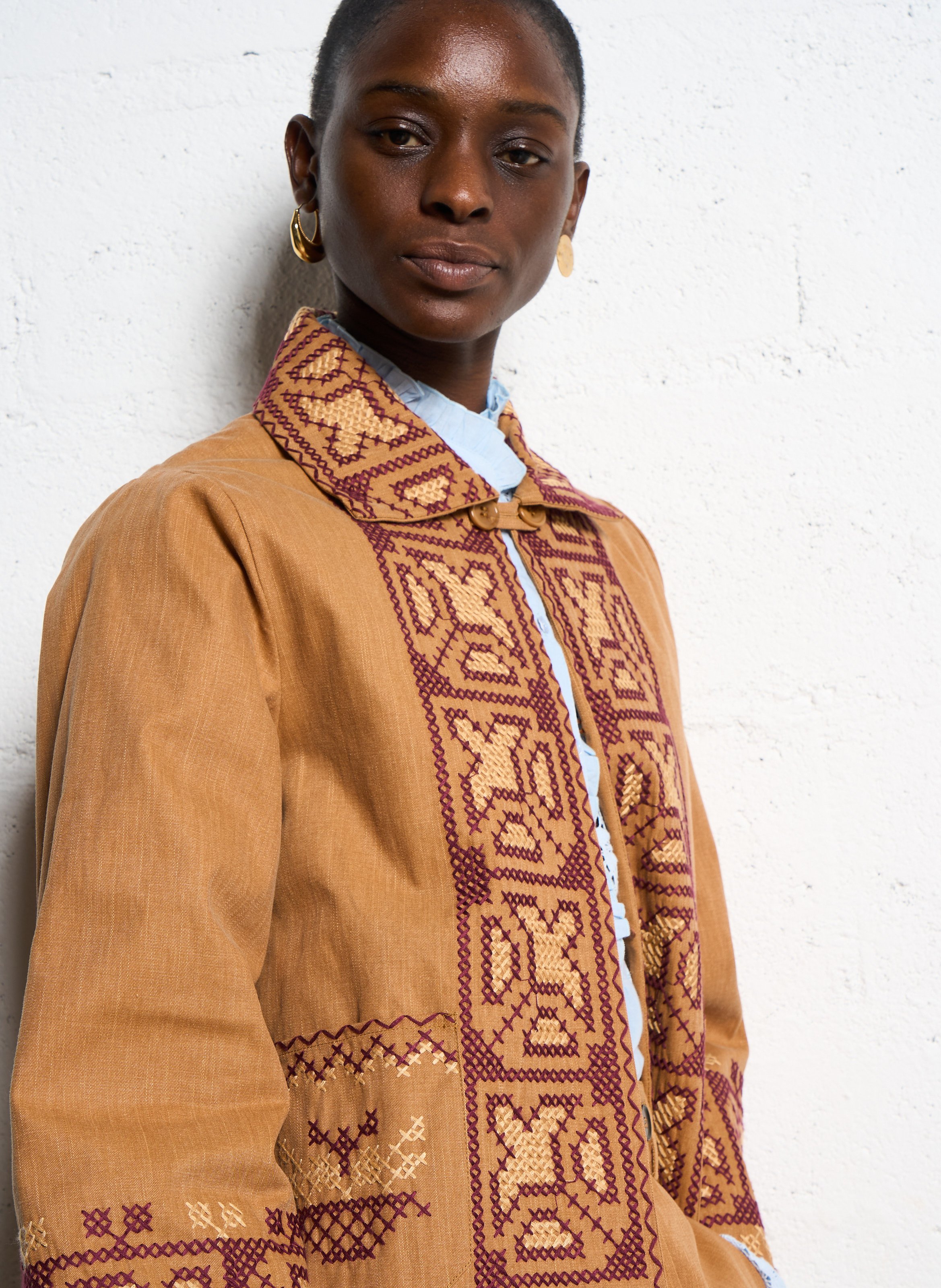 Loose-fit embroidered cotton jacket ANTIK BATIK Brown