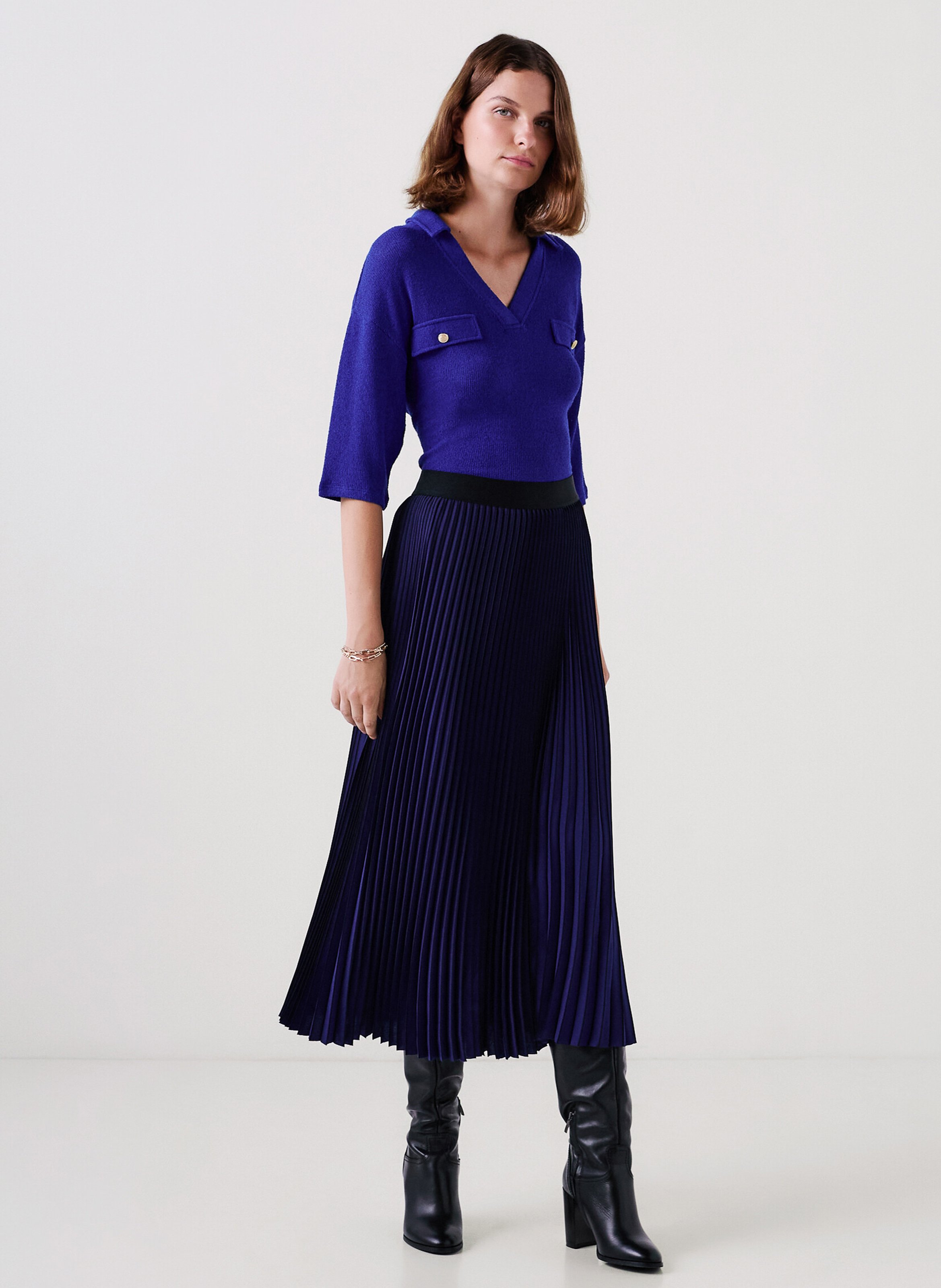 Jupe droite plissée CAROLL Bleu