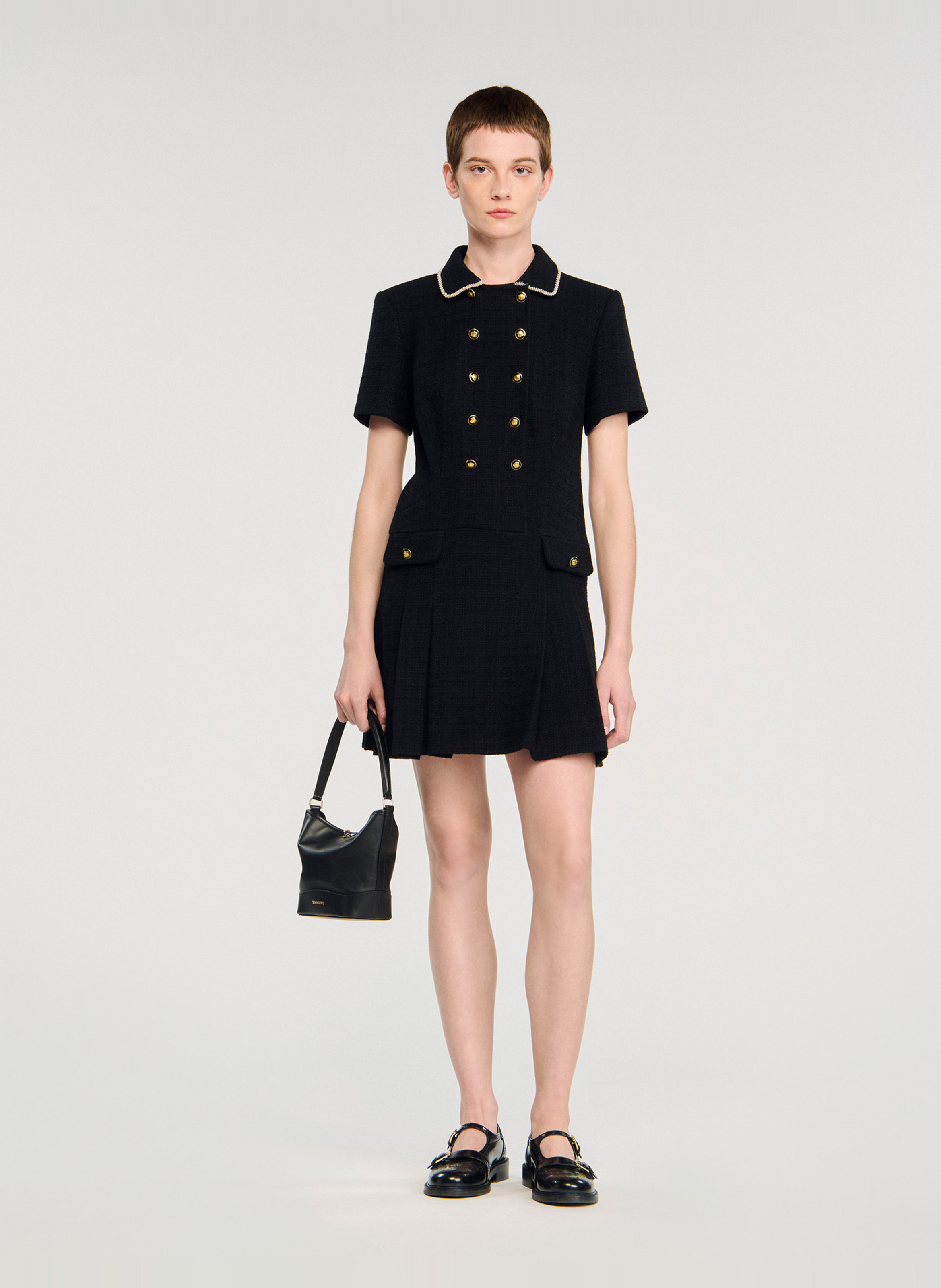 Korte jurk met klassieke kraag - katoenblend SANDRO Zwart